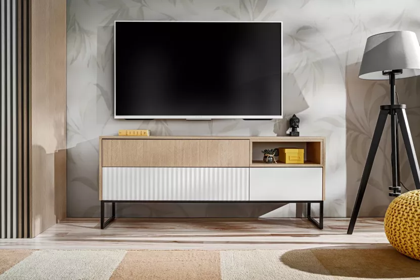 Szafka RTV ZOE 148 2K1S jodełka scandi/biały mat