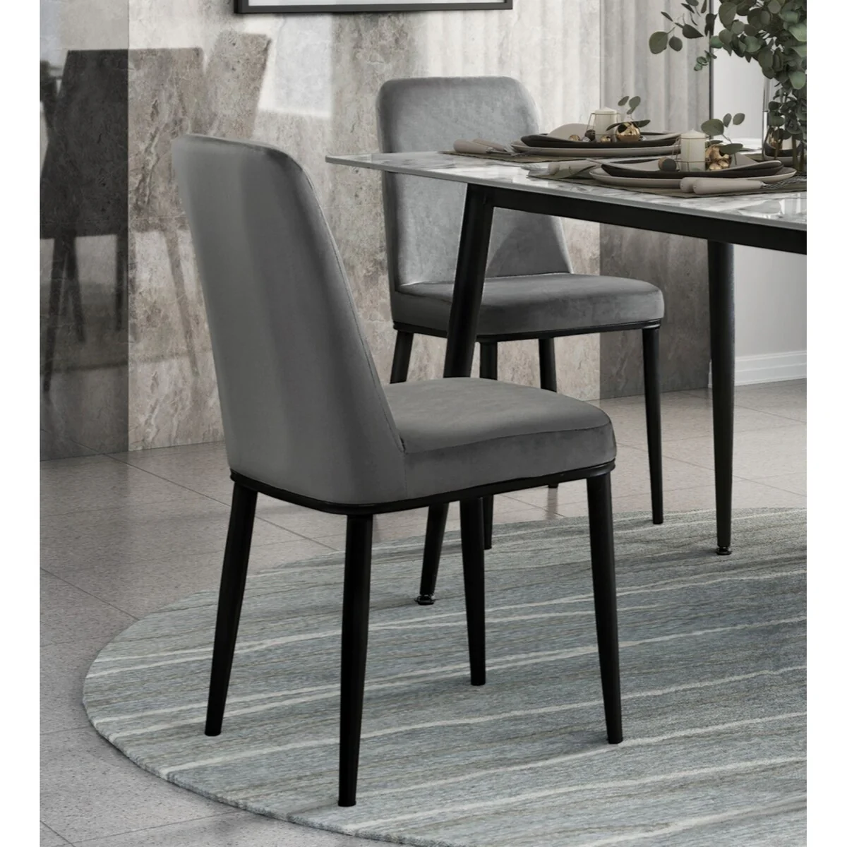 Sleek Design Gray Velvet Side Chairs Set of 2 Modern Dining Furniture Black Metal Legs