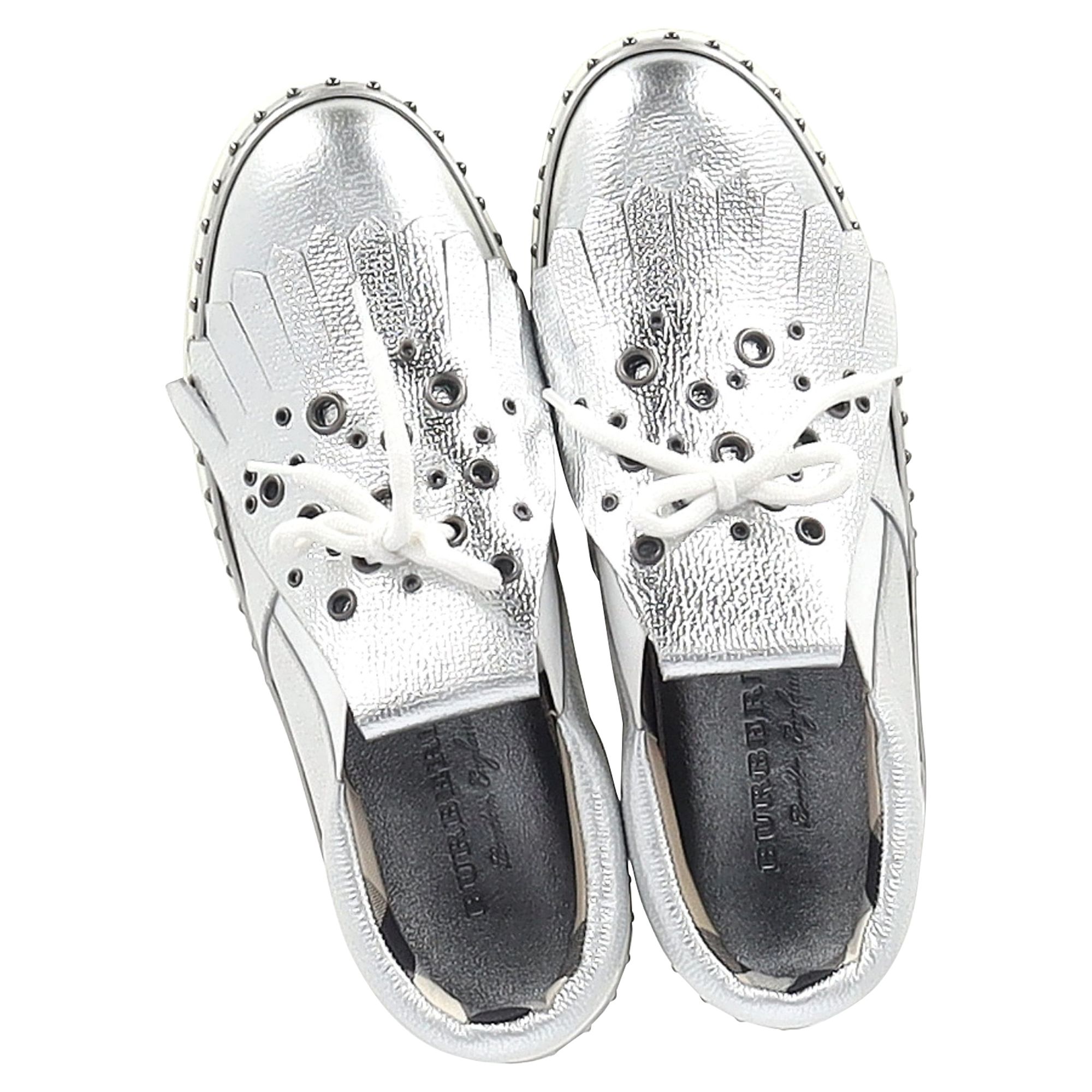 Burberry Preloved Kiltie Fringe Detail Slip On Sneakers Metallic Silver Leather