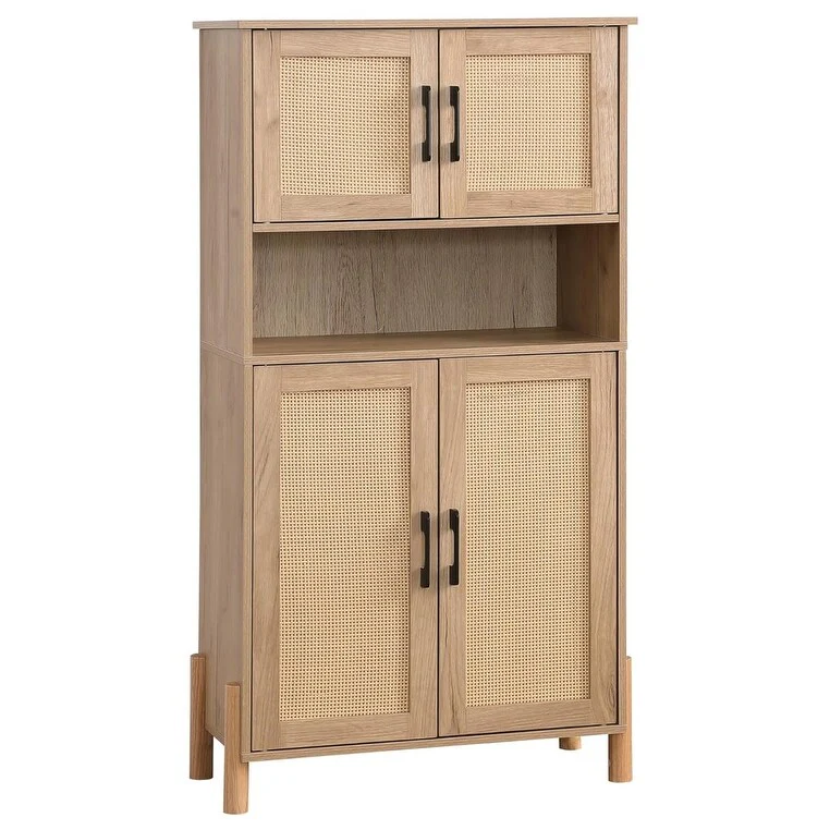 Mid-Century Modern 4-Door Storage Cabinet with Woven Rattan Doors & Adjustable for Living Room & Dining Room