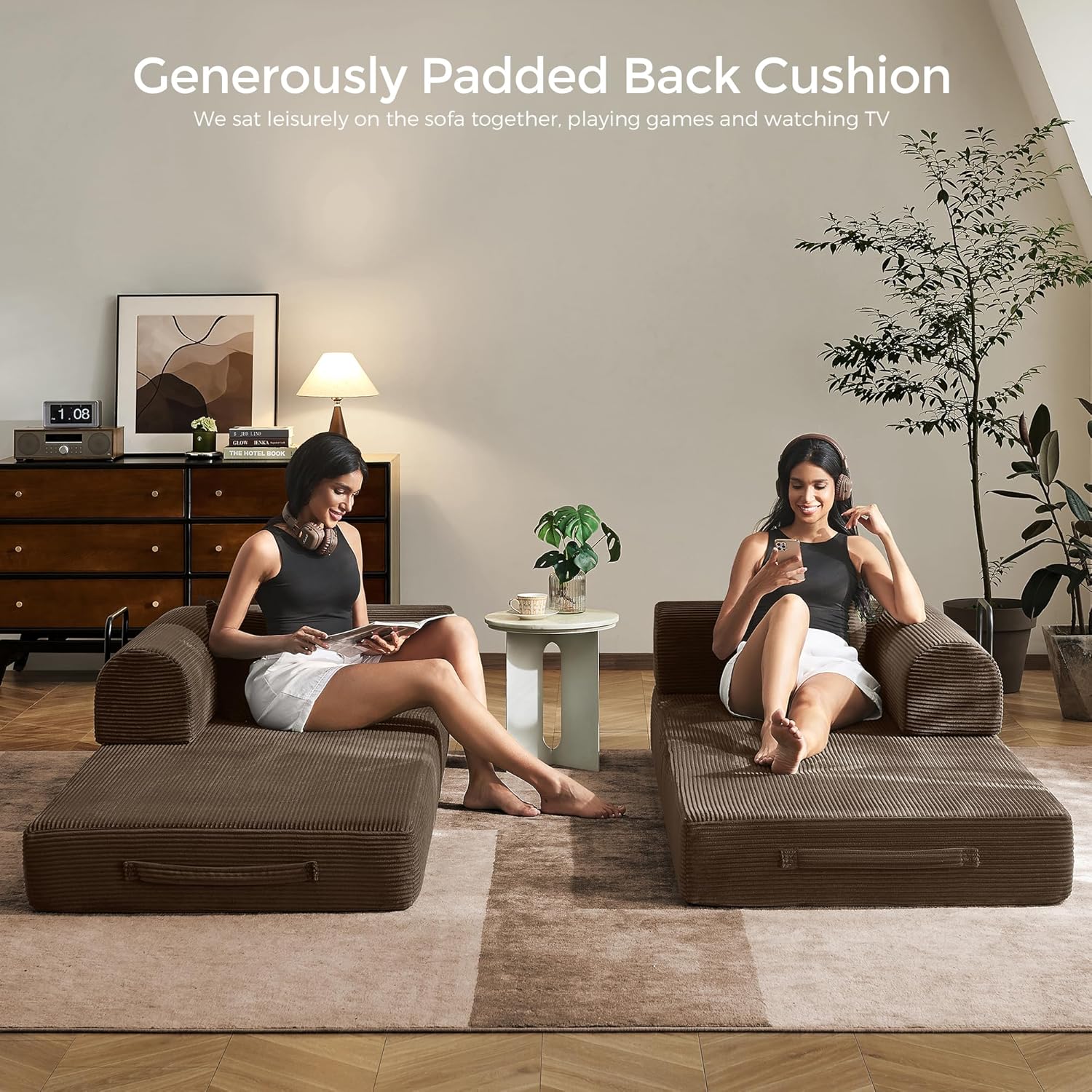 79 Convertible Sofa Bed with Fixed-Shape Frame & Removable Armrests, Modular Corduroy Sleeper Sofa, Folding Mattress Couch for Small Spaces - No Assembly Needed in Brown (Includes 2 Pillows)