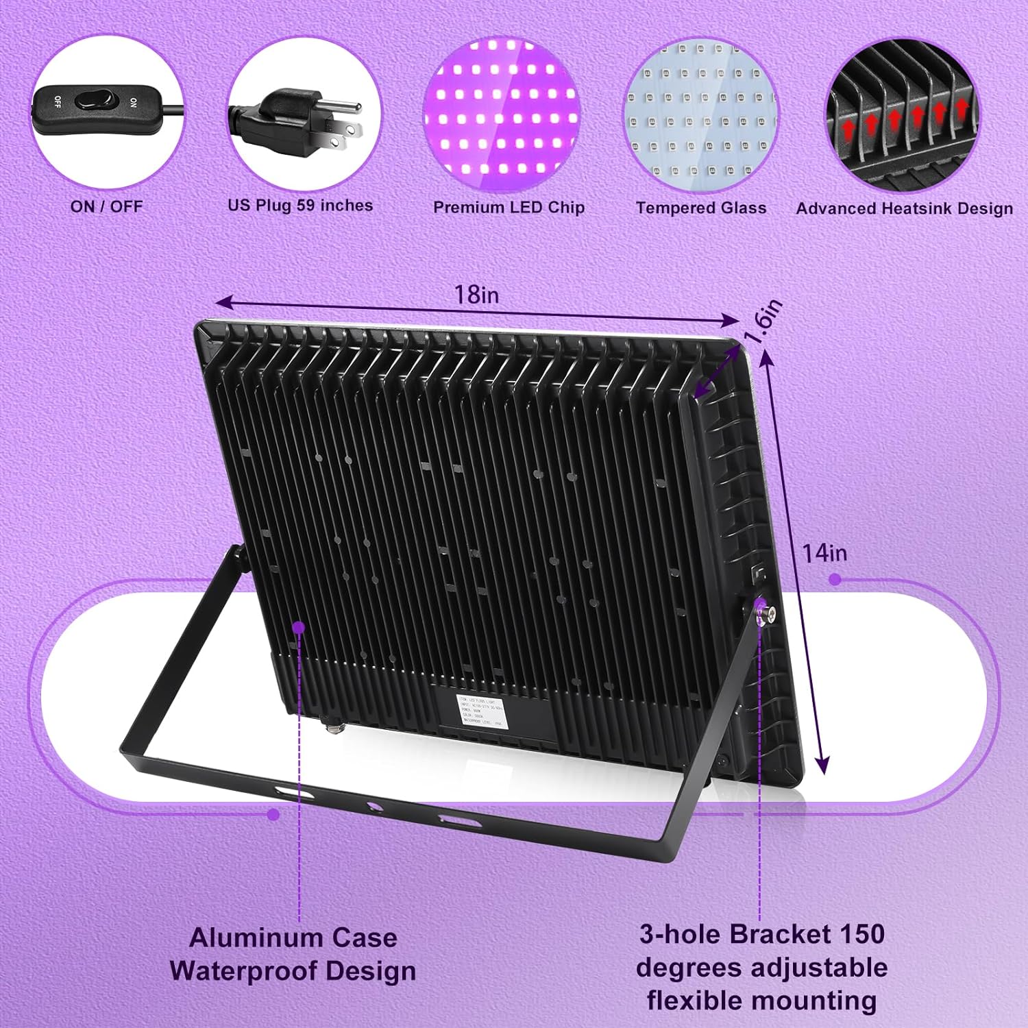 2 Pack 600W LED Black Lights, 395nm to 410nm Outdoor Flood Blacklight Light with Plug, IP66 Waterproof forGlow in The Dark, Dance Party, Stage Lighting, Body Paint, Fluorescent Poster, Neon Glow(200w Led Black Light 2pack)
