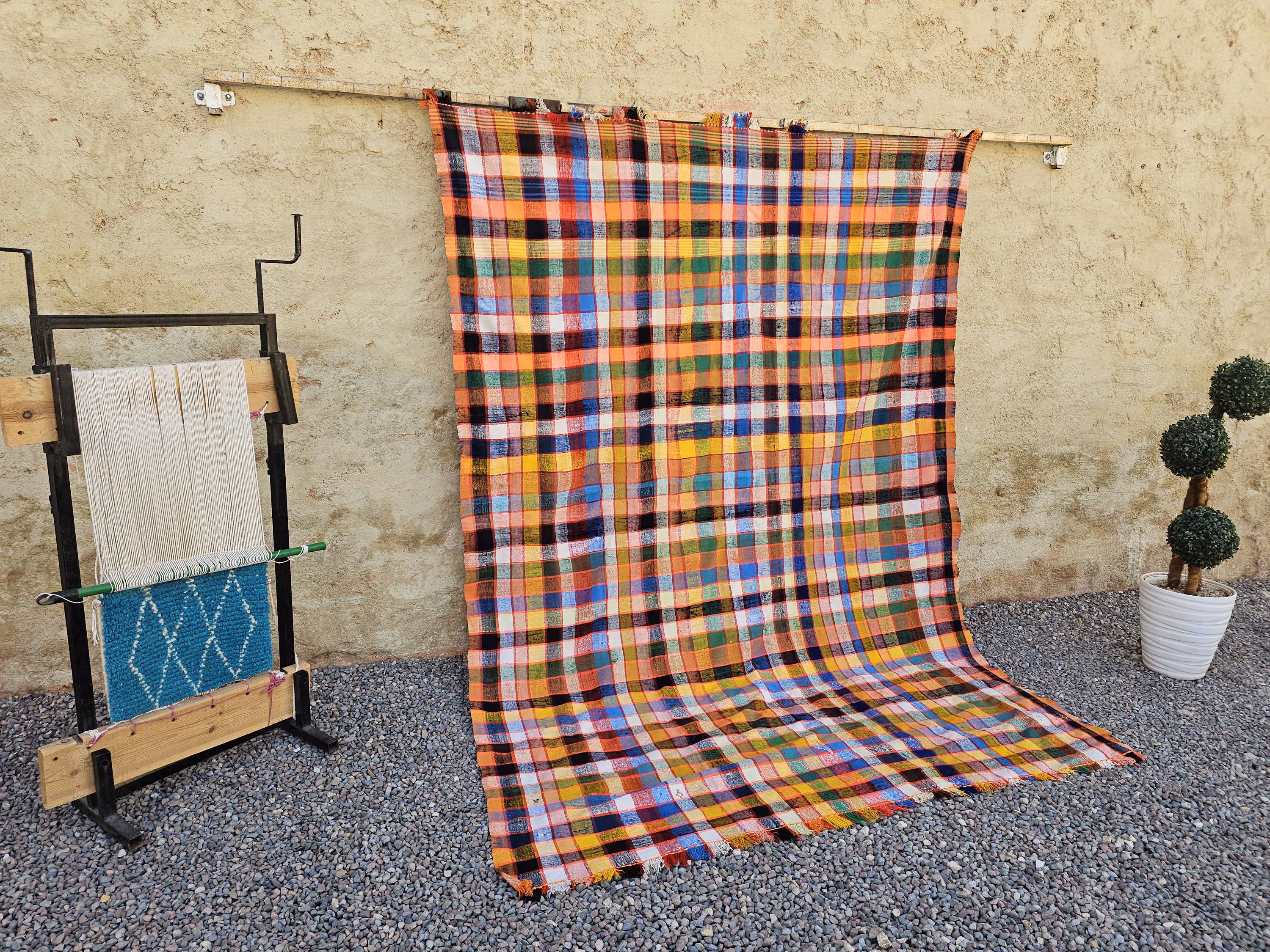 Colorful Plaid Blanket, 186x260 Checkered Throw, Bright Multicolored Tapestry, Boho Cotton Bedspread, Large Floor Rug, Unique Home Decor