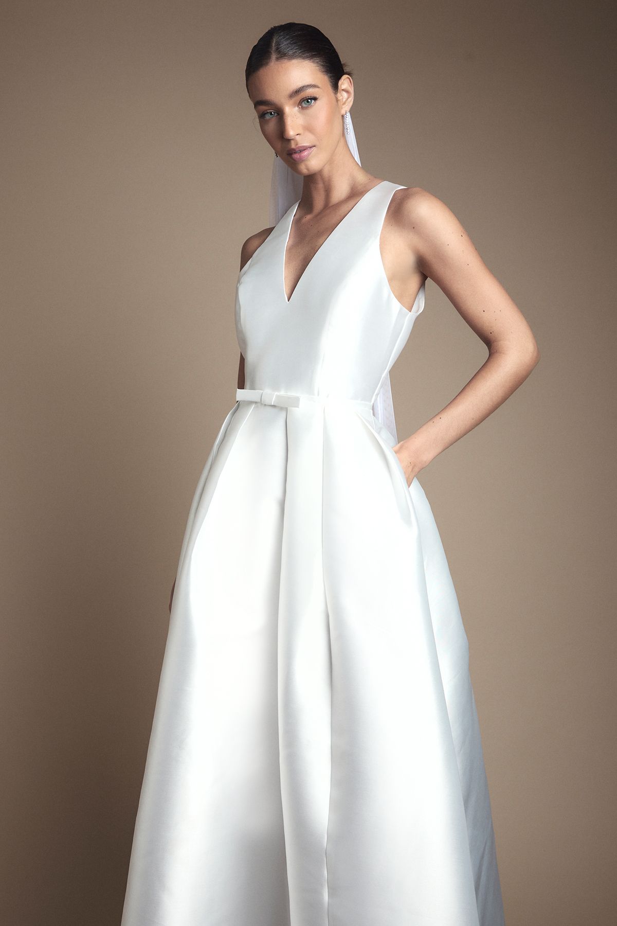 Coast Coast Honoured Plunge Neck Bow Waist Maxi Wedding Dress With Pockets