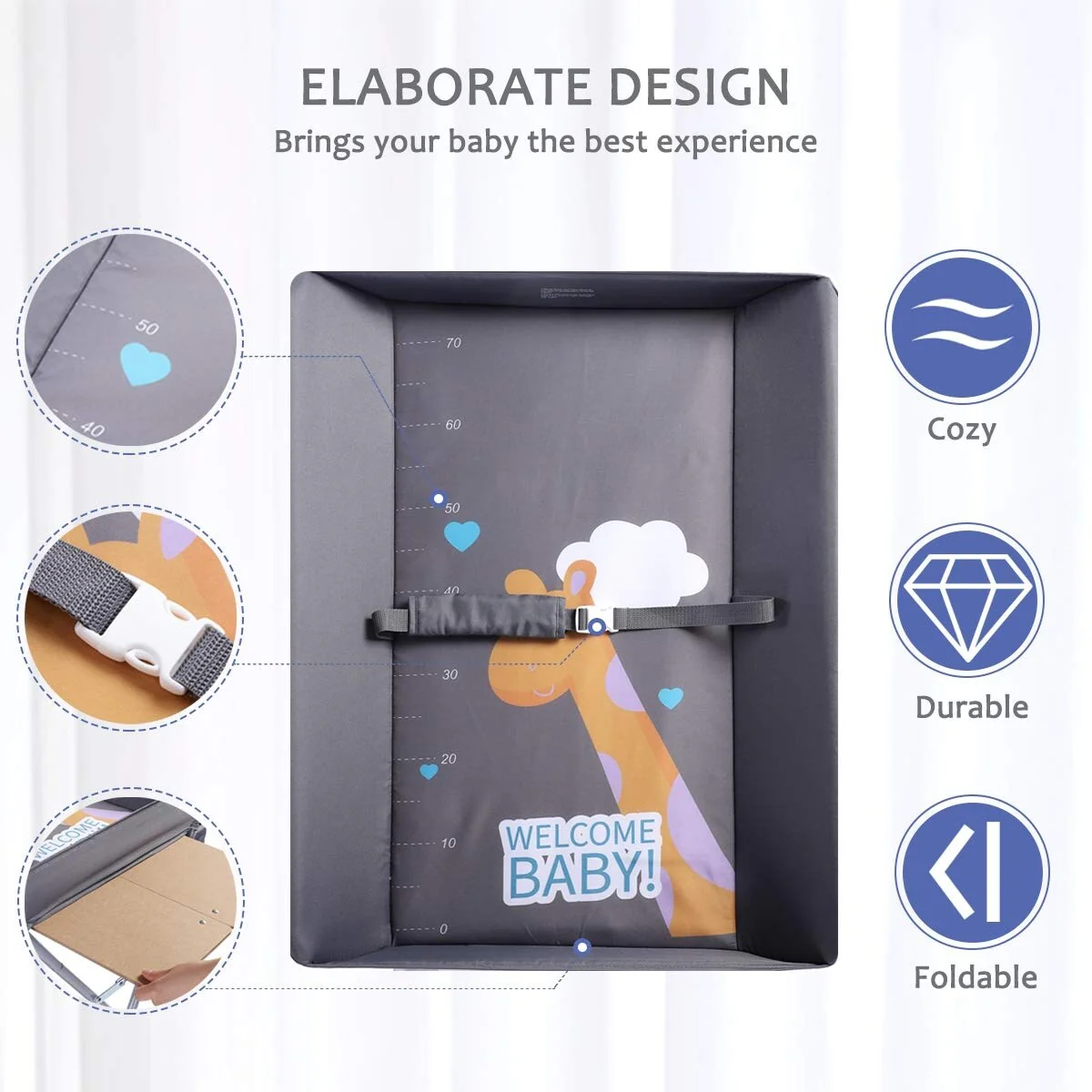 Baby Portable Folding Diaper Changing Station with Wheels, Adjustable Height Mobile Nursery Organizer with Safety Belt