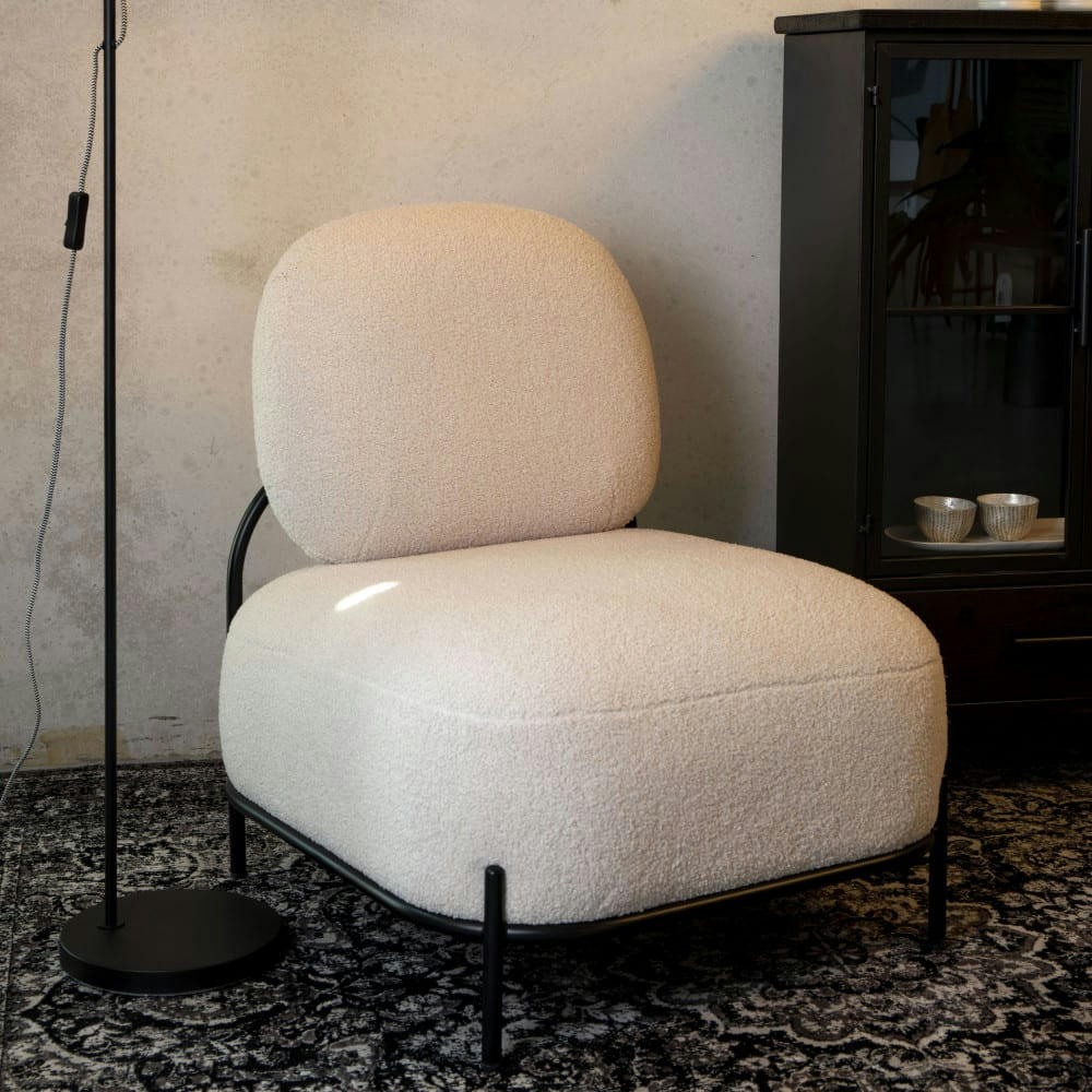 POLLY - Fauteuil lounge en tissu bouclette blanc ivoire