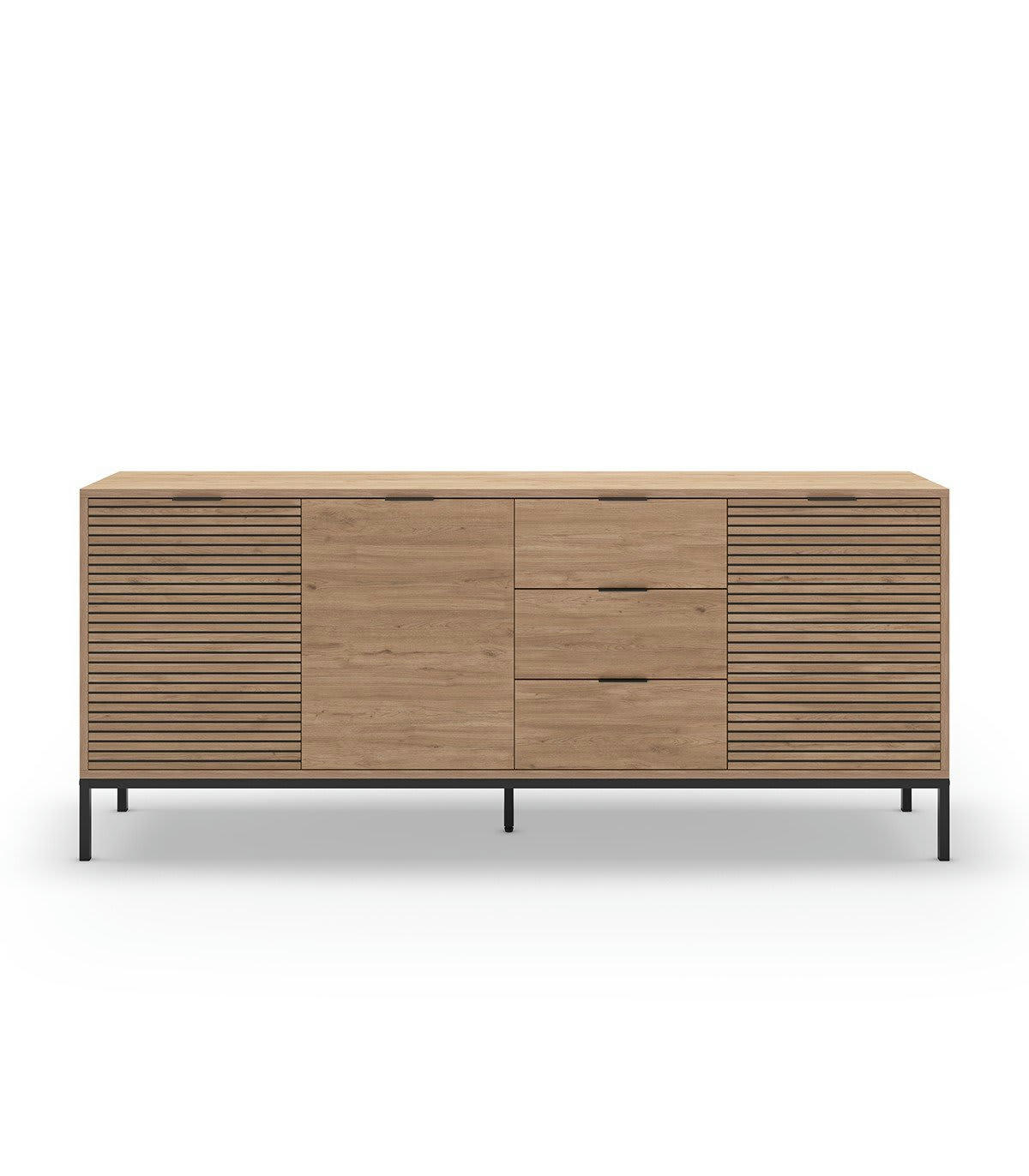 ARIEL - Buffet 3 portes 3 tiroirs décor chêne, rainures noires - L180 cm