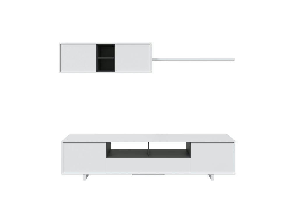 HUGO - Meuble TV blanc 3 portes et 1 niche avec étagère murale L200cm