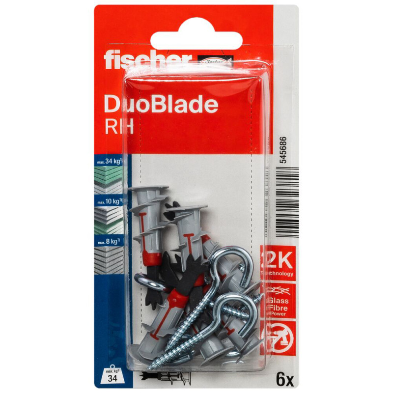 Cheville autoforeuse DuoBlade RH pour plaques de carton-plâtre avec crochet rond 6 pièces
