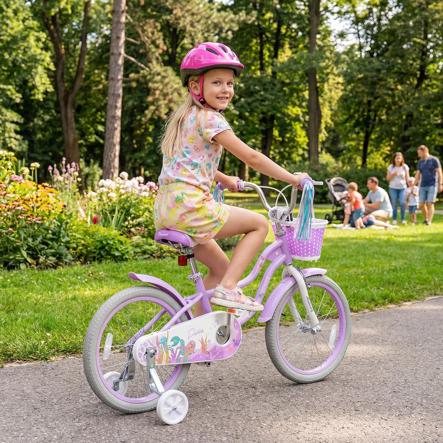 BABY JOY Kids Bike, 12 14 16 18 Mermaid Girls Bike for 3-8 Years Old w/Basket, Training Wheels, Hand & Coaster Brakes, Adjustable Seat & Handlebar, 20 Children Bicycle with Kickstand for 8+