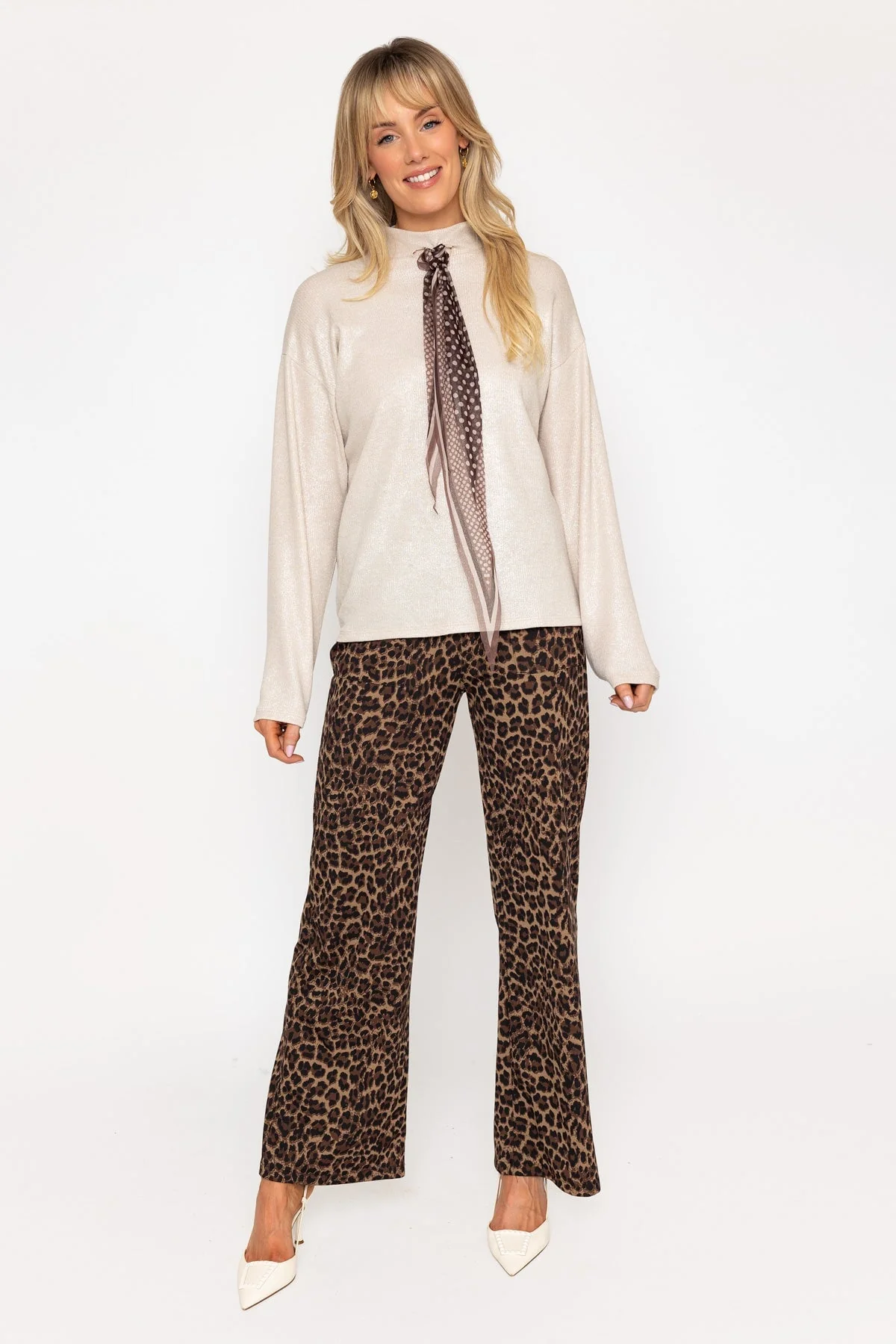 Beige Turtleneck Top with Brown Scarf Detail