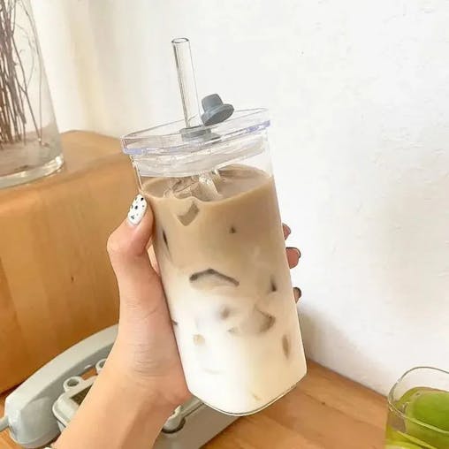 NNEOBA Glass Coffee Mug with Lid & Straw