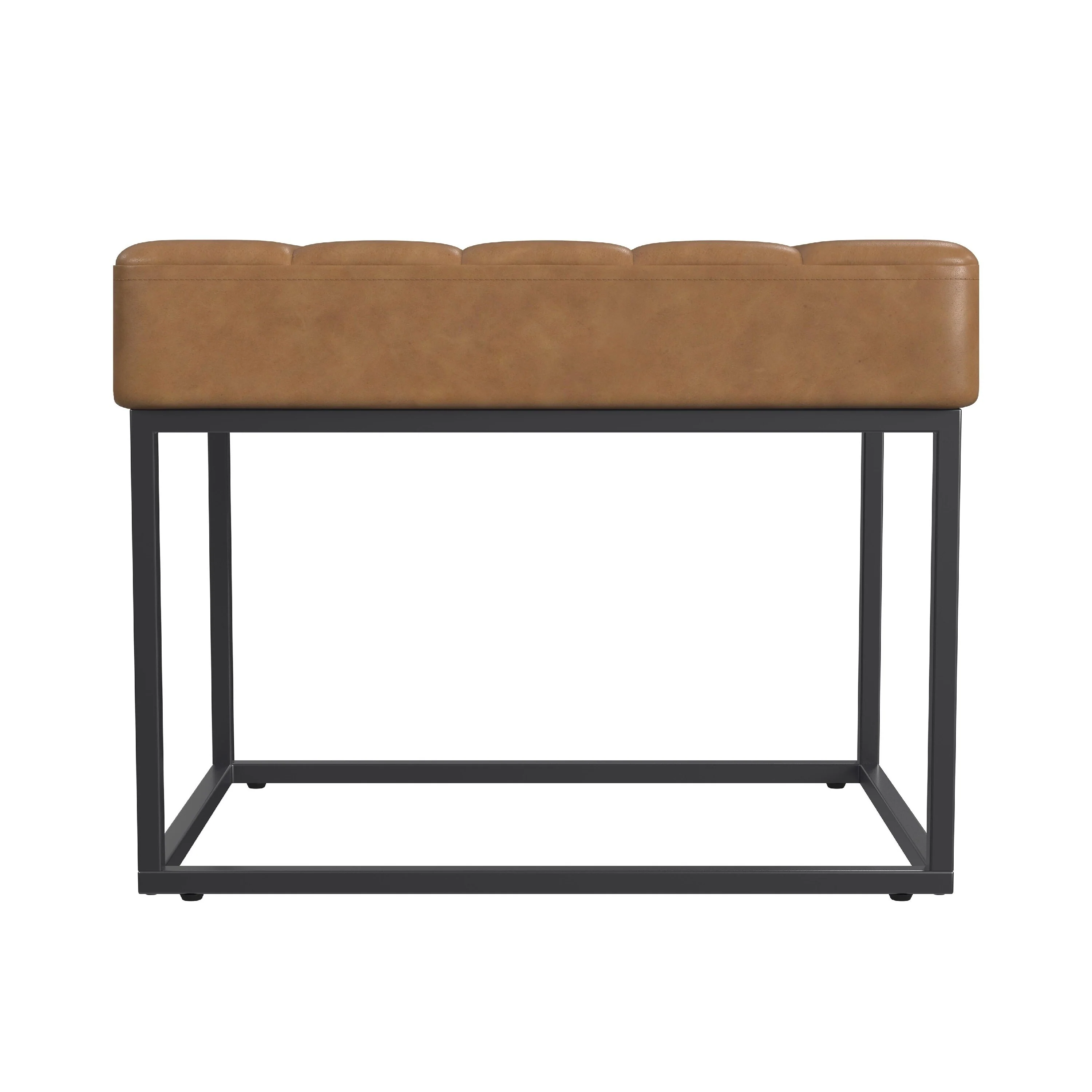 Kai Ottoman Footstool, Carmel Brown Faux Leather, Black Metal, 22 Inch