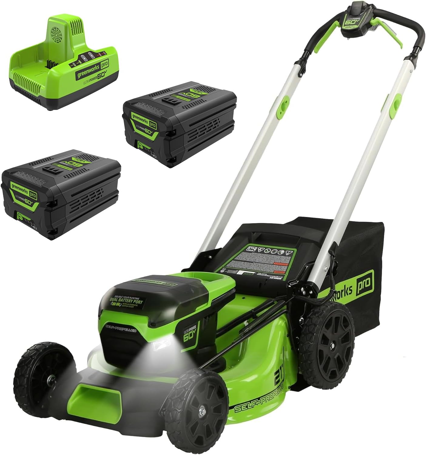 Greenworks 60V 21 Self-Propelled Cordless Lawn Mower  Brushless Motor  LED Lights  Includes 2X 4.0Ah Batteries & Rapid Dual-Port Charger(75+ Tool Compatibility  45Min Runtime)