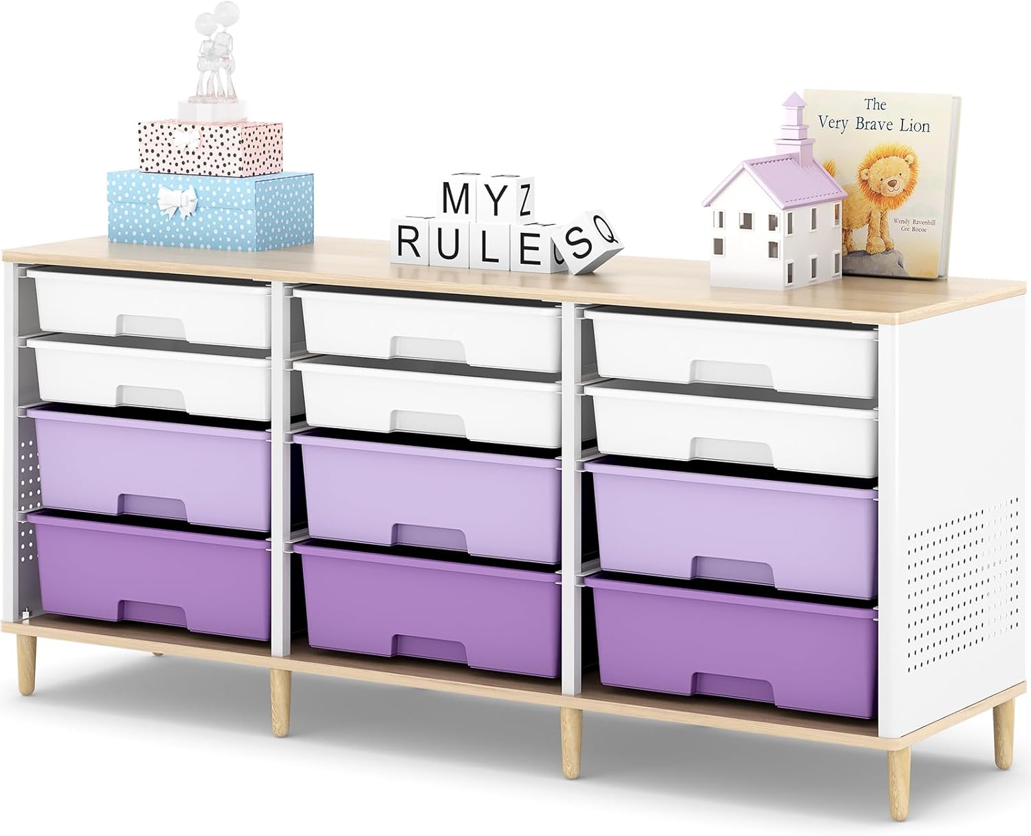 12 Drawers Storage Cabinet with Wooden Top and Plastic Bins, Toy Storage Organizer Toy Shelf Storage Chest Cubby Organizer for Home, Office, Playroom, Classroom & Craft Room Storage (Gradient Purple)