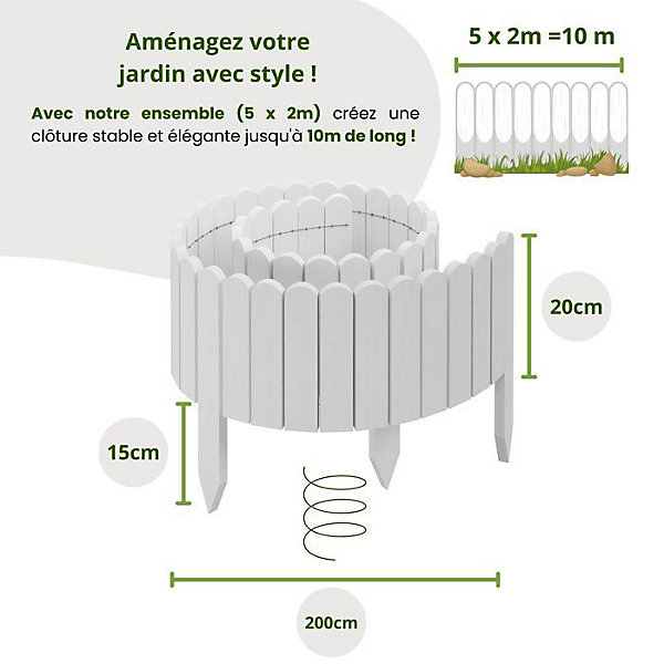 Clôture en bois flexible - Floranica - 10 m - Blanc - 5 pièces - Modulable et esthétique