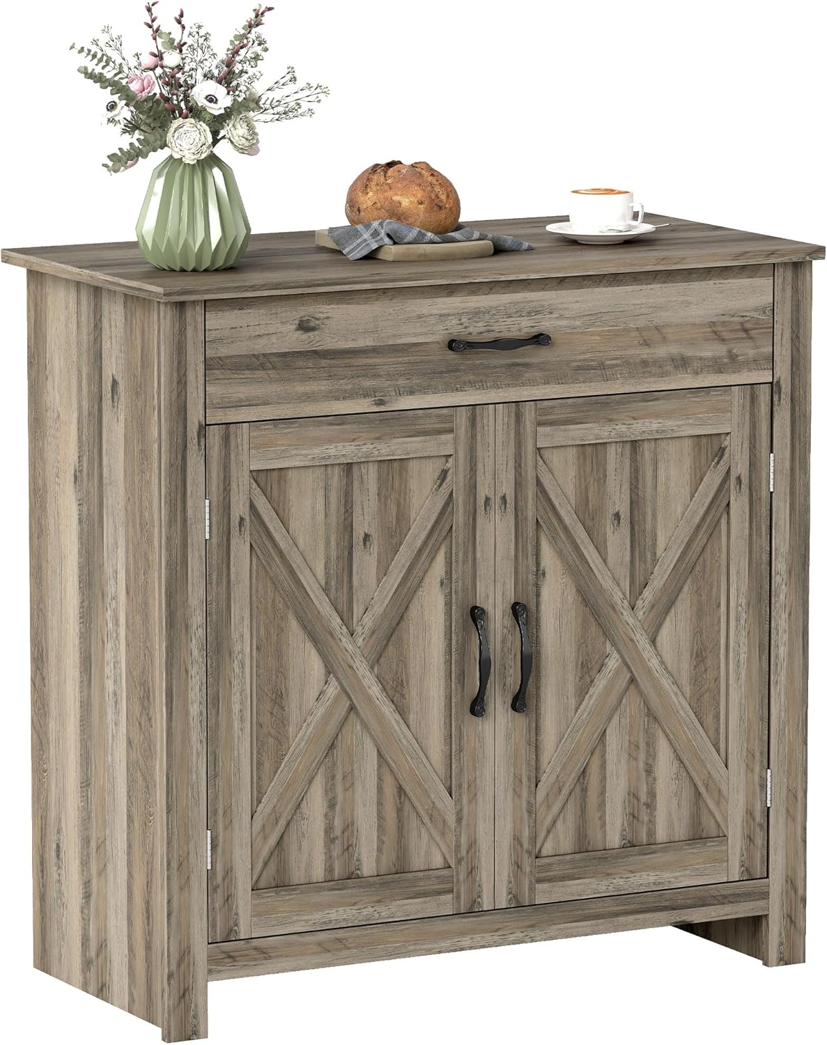 HOMCOM Farmhouse Sideboard Buffet Cabinet, Barn Door Coffee Bar Cabinet with Drawer and Adjustable Shelf for Kitchen, Living Room, Entryway, Gray
