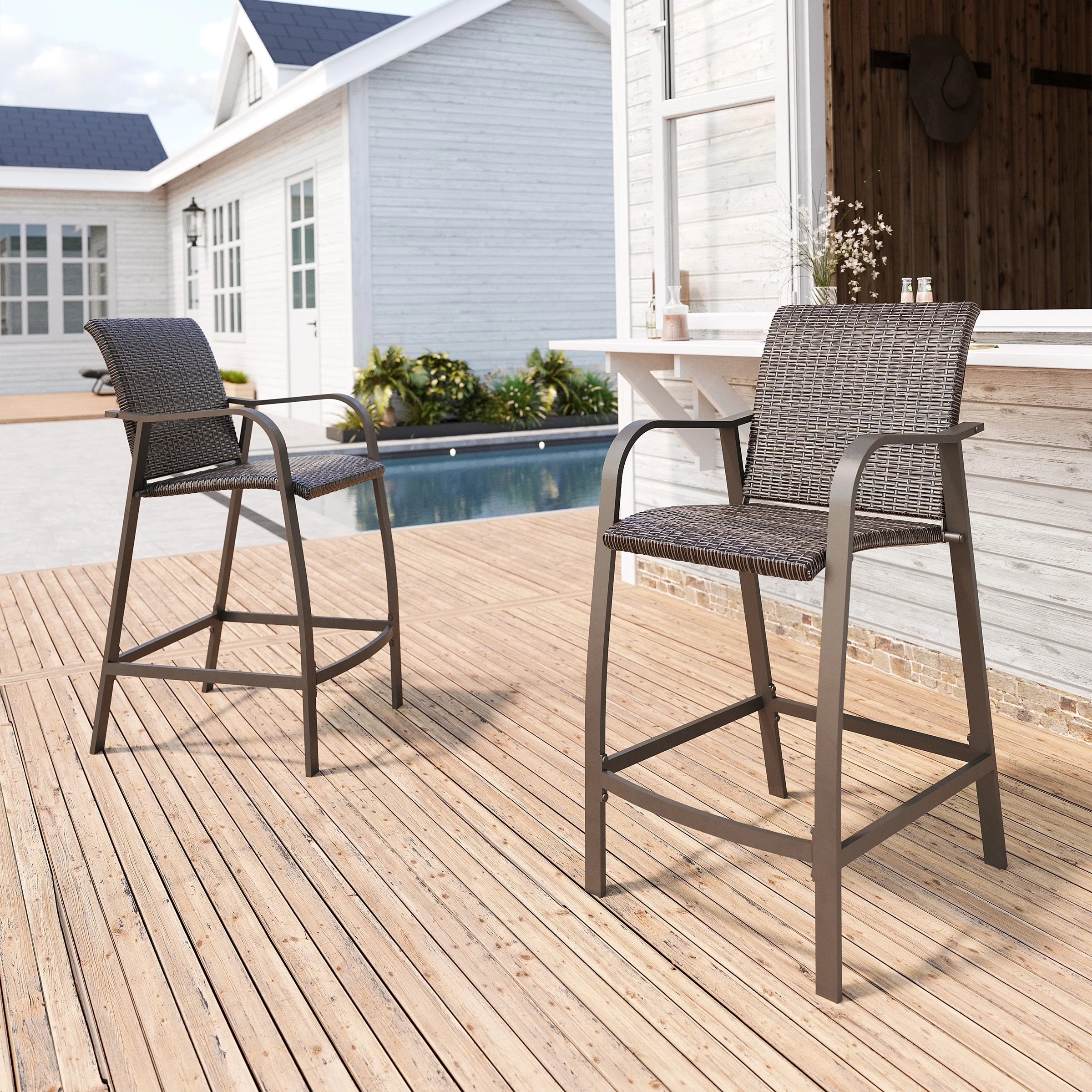 Crestlive Products Outdoor Counter Height Wicker Bar Stools - 21.7 W x 25.6 D x 43.7 H