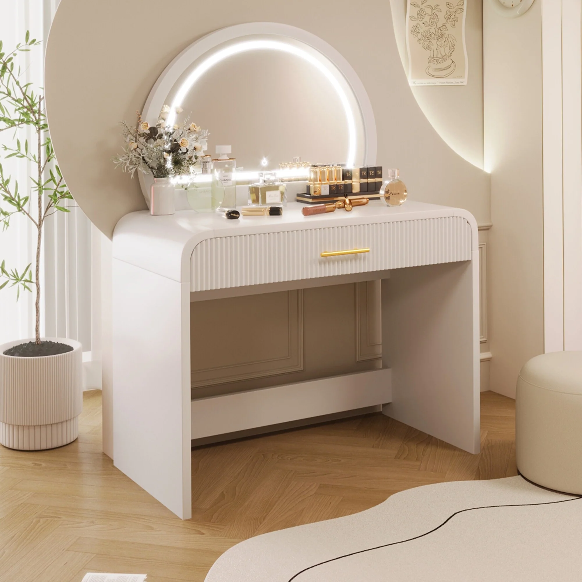 Vanity Desk with Mirror and Lights, High Capacity Makeup Vanity, Vanity Table Set with 1 Drawer, Touch Screen & Lighted Mirror