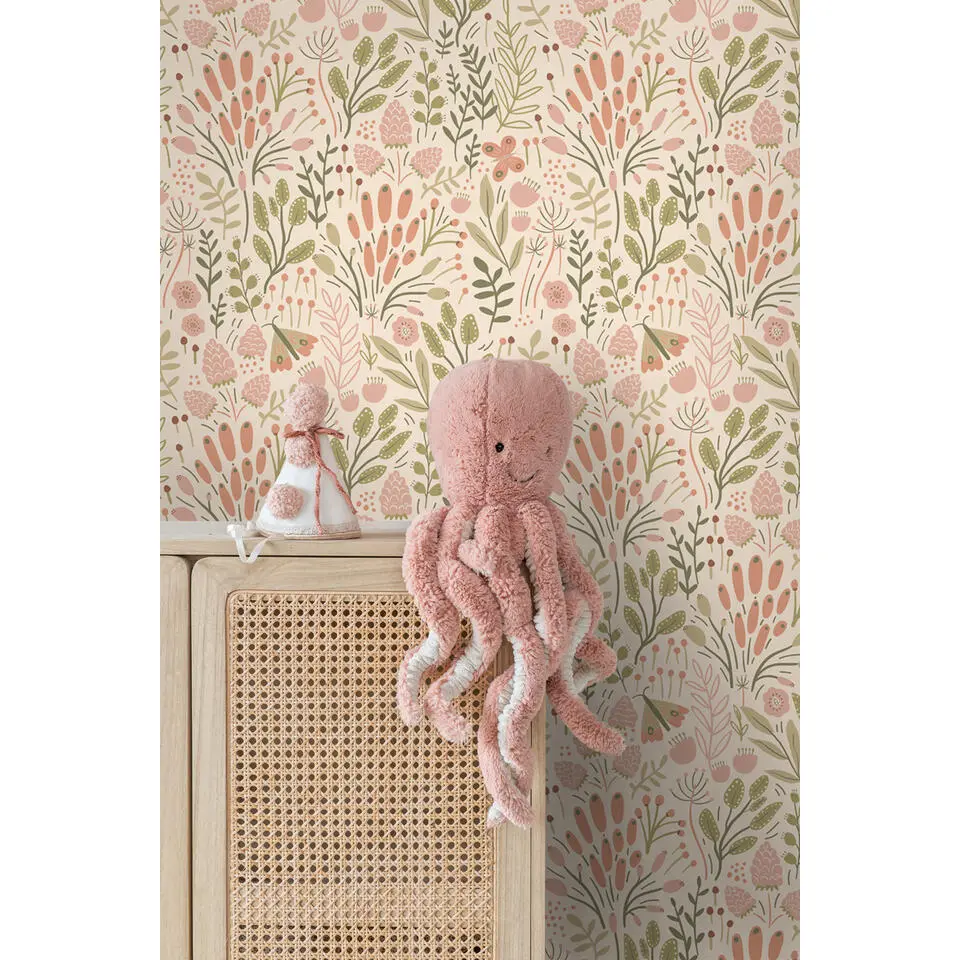 ESTAhome behang bladeren en bloemen olijfgroen en terracotta - 50 x 900 cm