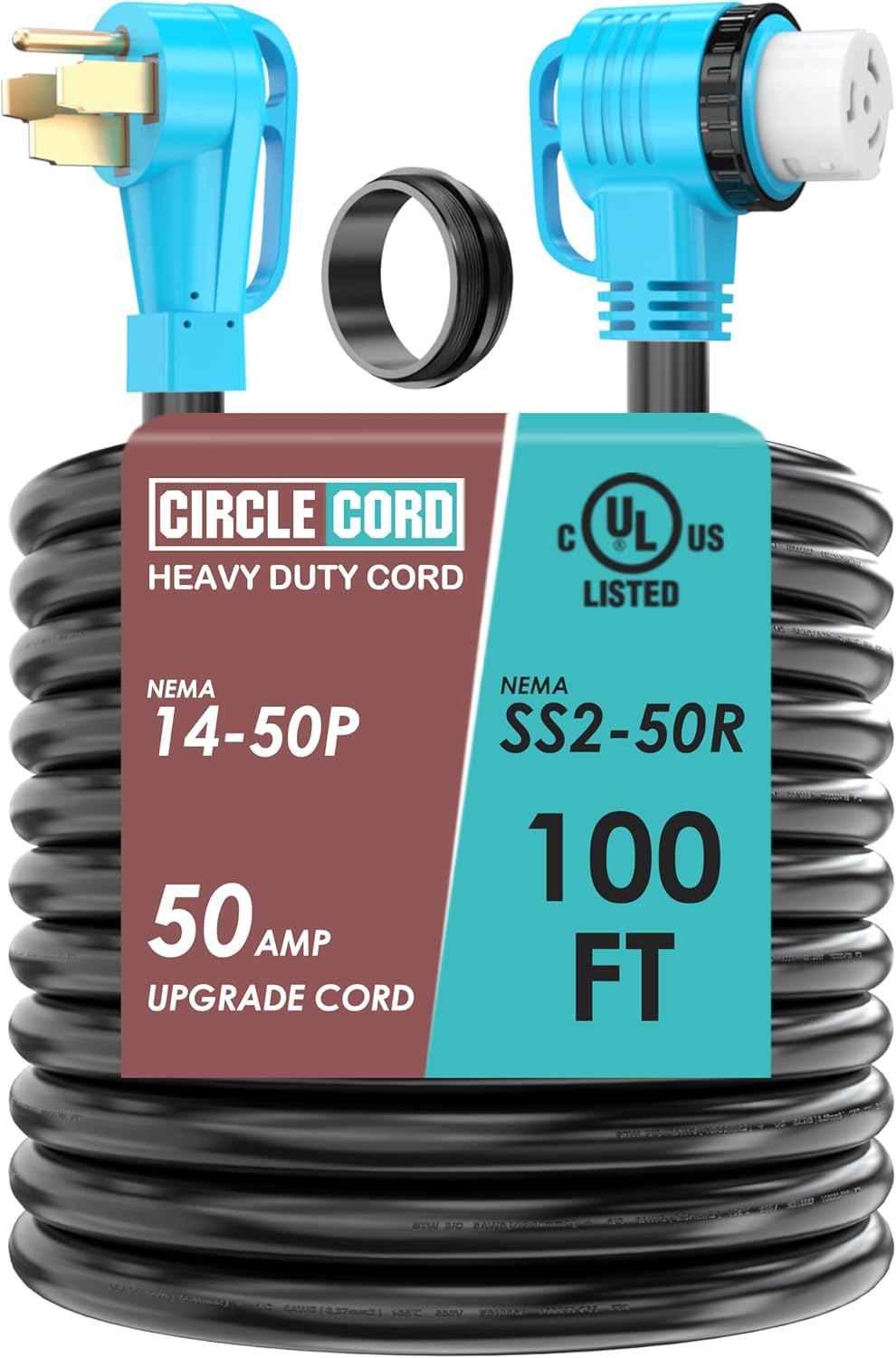 CircleCord UL Listed 50 Amp 100 Feet RV/Generator Cord with 90° Right Angle Locking Connector  Heavy Duty 6/3+8/1 Gauge STW Wire  14-50P Male and SS2-50R Female for RV Camper and Generator to House