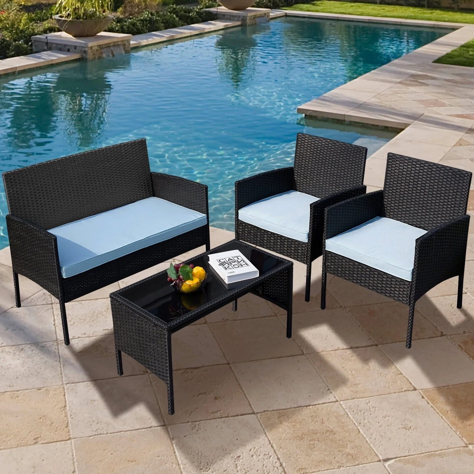 4 Piece Patio Conversation Wicker Furniture Set, Outdoor Rattan Sectional Furniture Set With Cushions for Yard Garden