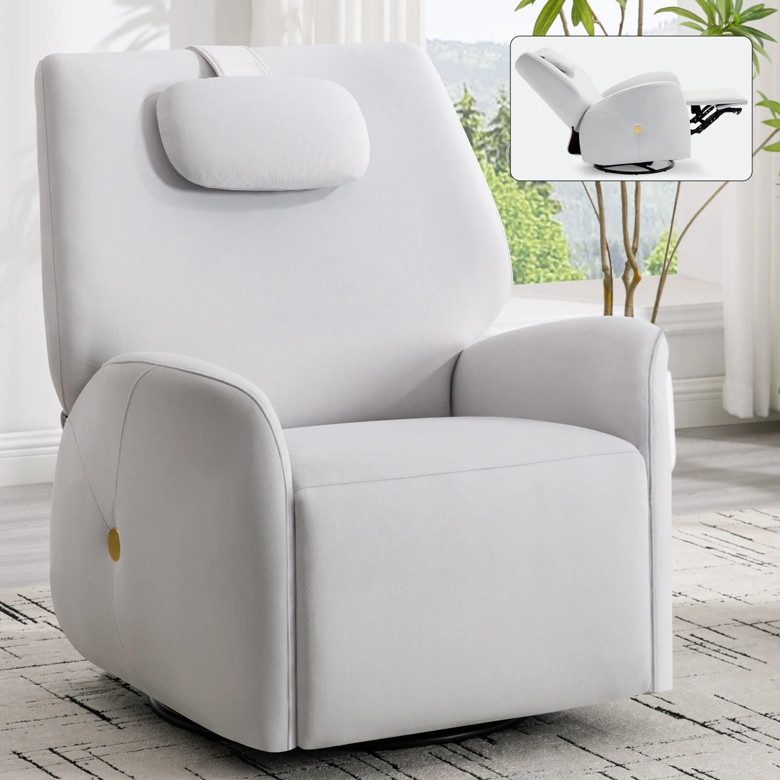 Grey Power Recliner with 270° Swivel, Rocking Motion, Neck & Lumbar Support, USB & Type-C Ports, and Easy Setup