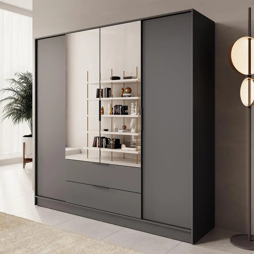 Meubella - Kledingkast Kaelum - Grijs - 206 cm - Met spiegel