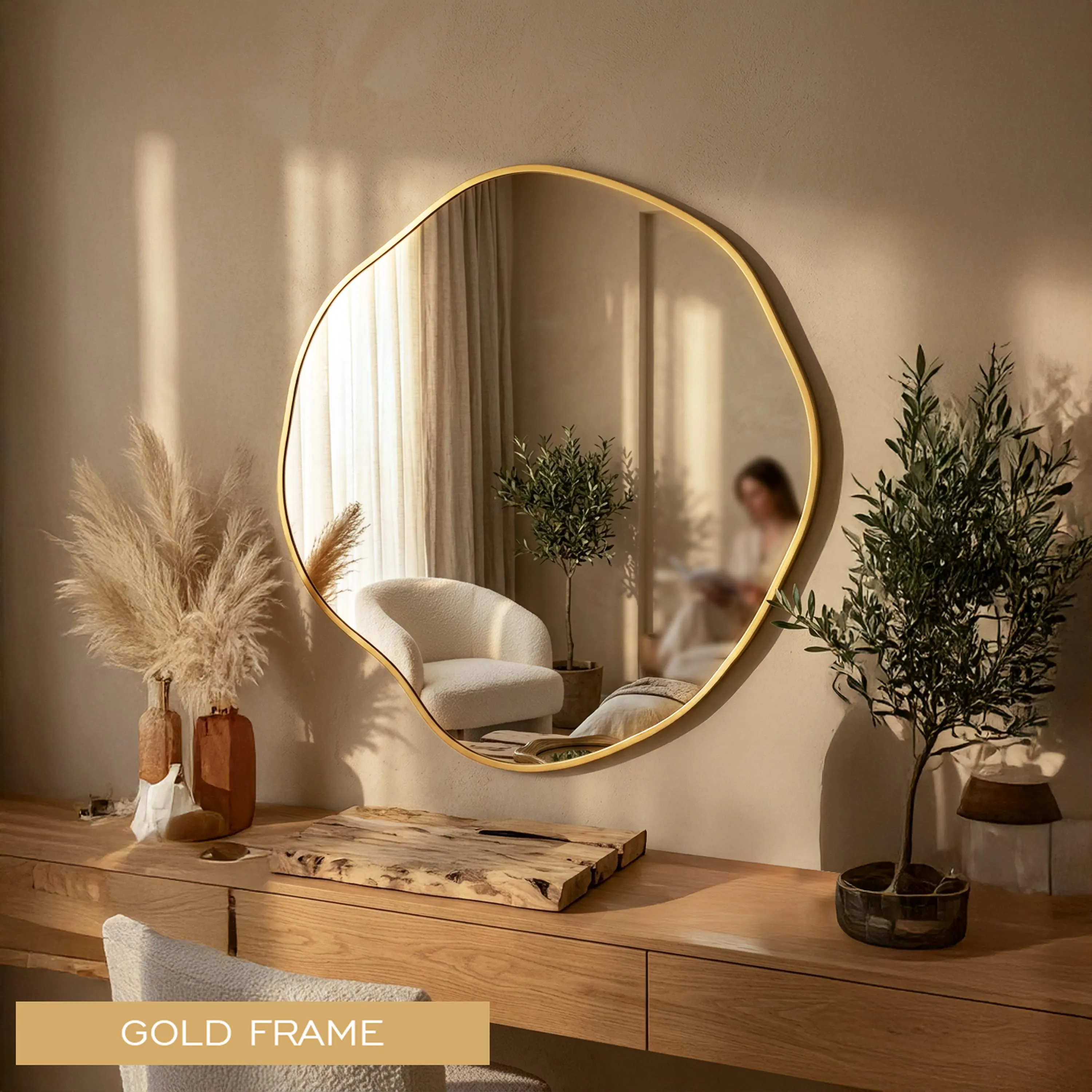 Round Asymmetric Wall Mirror, Organic Modern Home Decor Statement Mirror