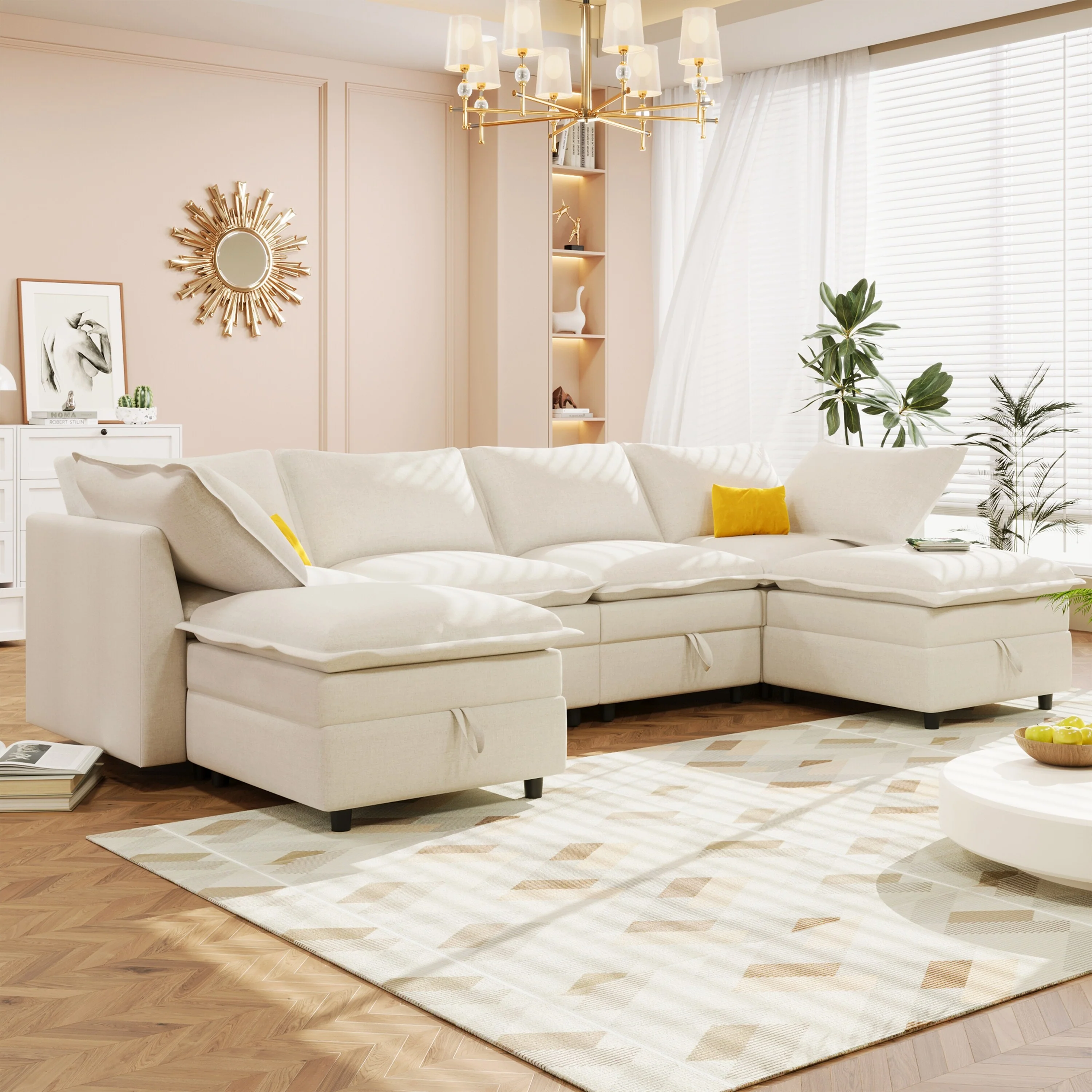 126 U-Shaped 6-Seat Modular Sofa with Ample Storage, Double Cushions, and Customizable Arrangement