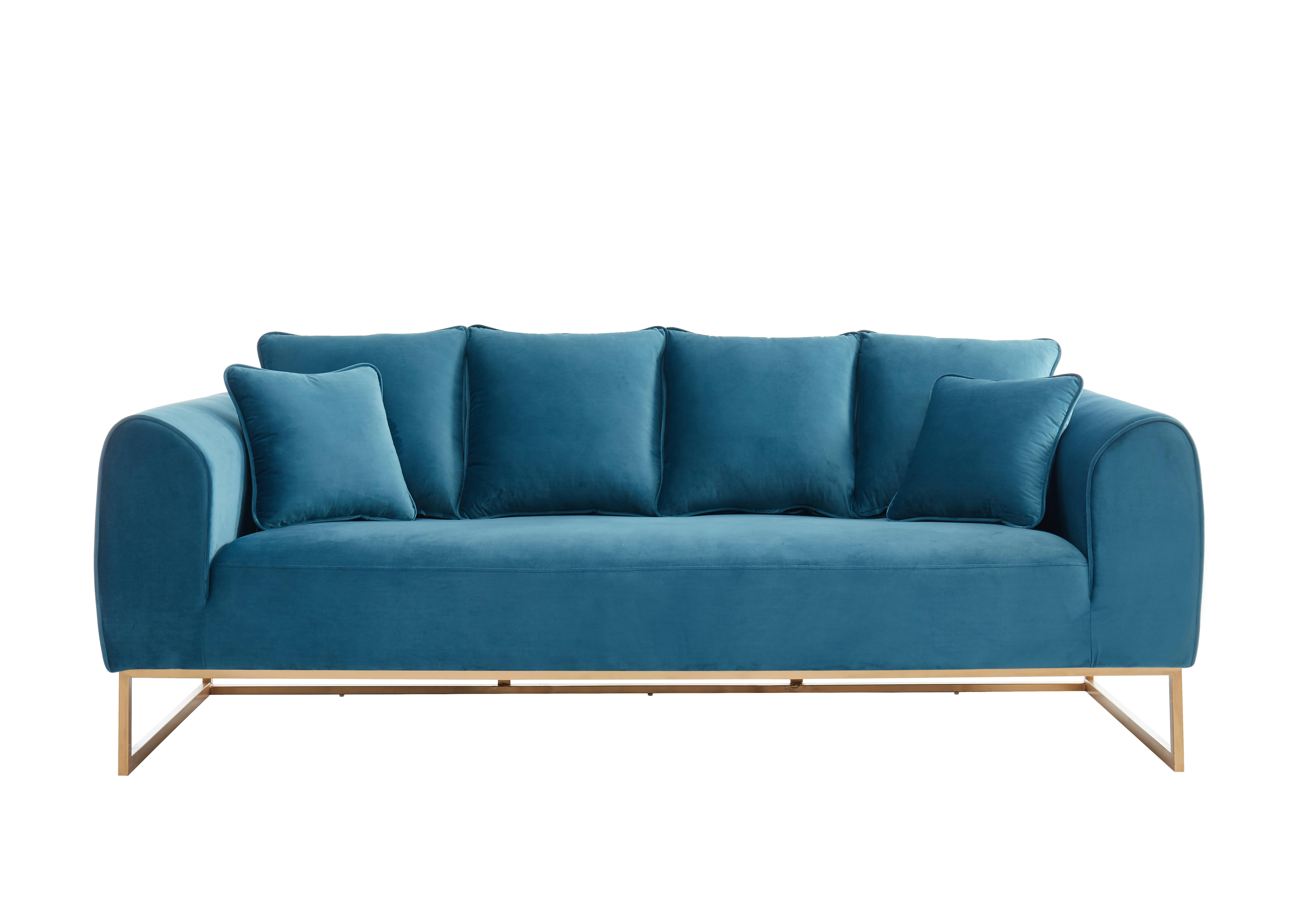 VICTORIA - Canapé droit en velours 3 places bleu paon