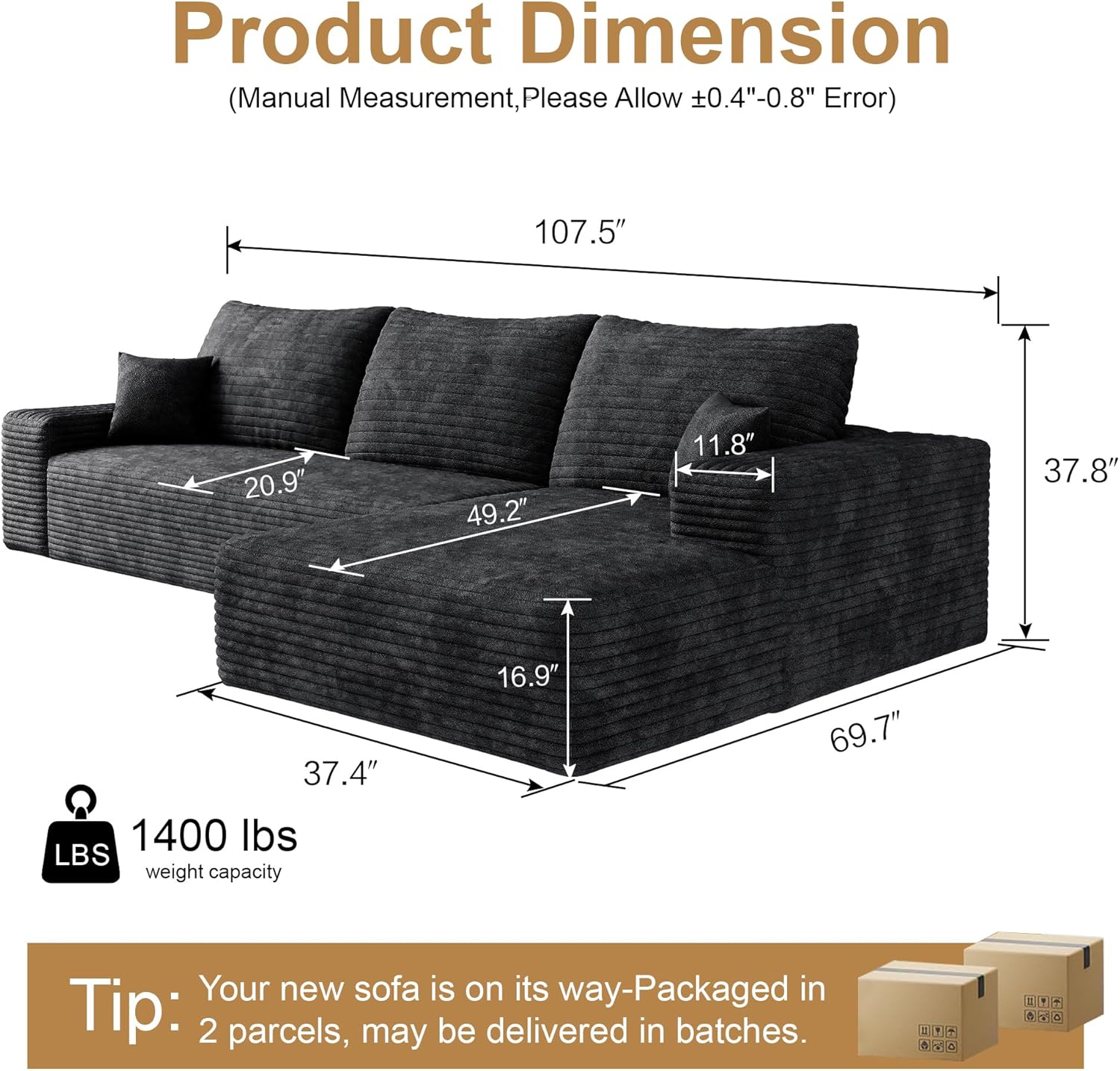 108 Sectional Couches for Living Room Modern Modular Sofa with L-Shape Couchs Upholstered Boneless Couch Deep Seat Sectional Couch with Chaise (Black, Right Facing Chaise+2Seaters)