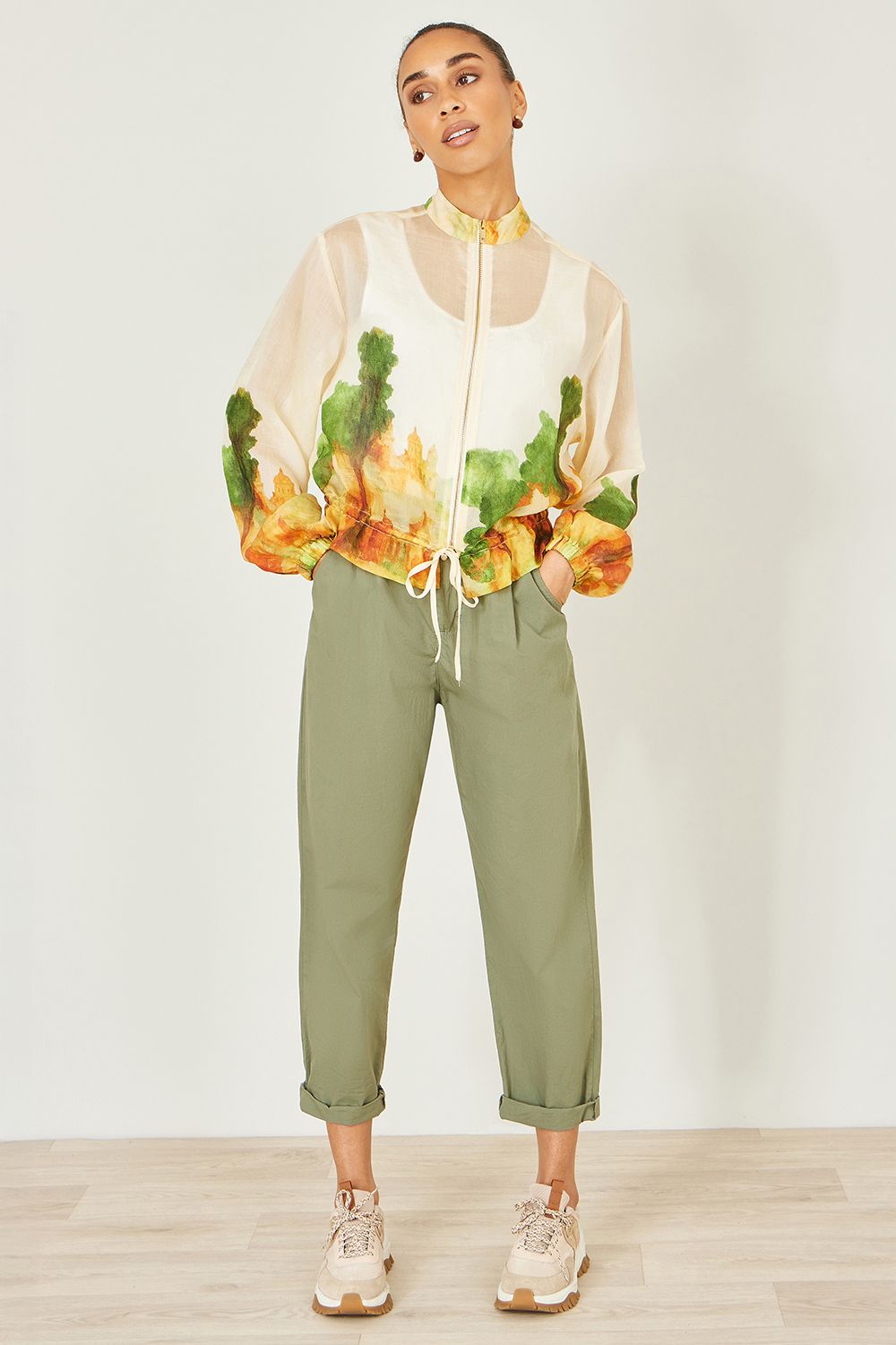 Yumi Beige Printed Lightweight Modal Bomber Jacket