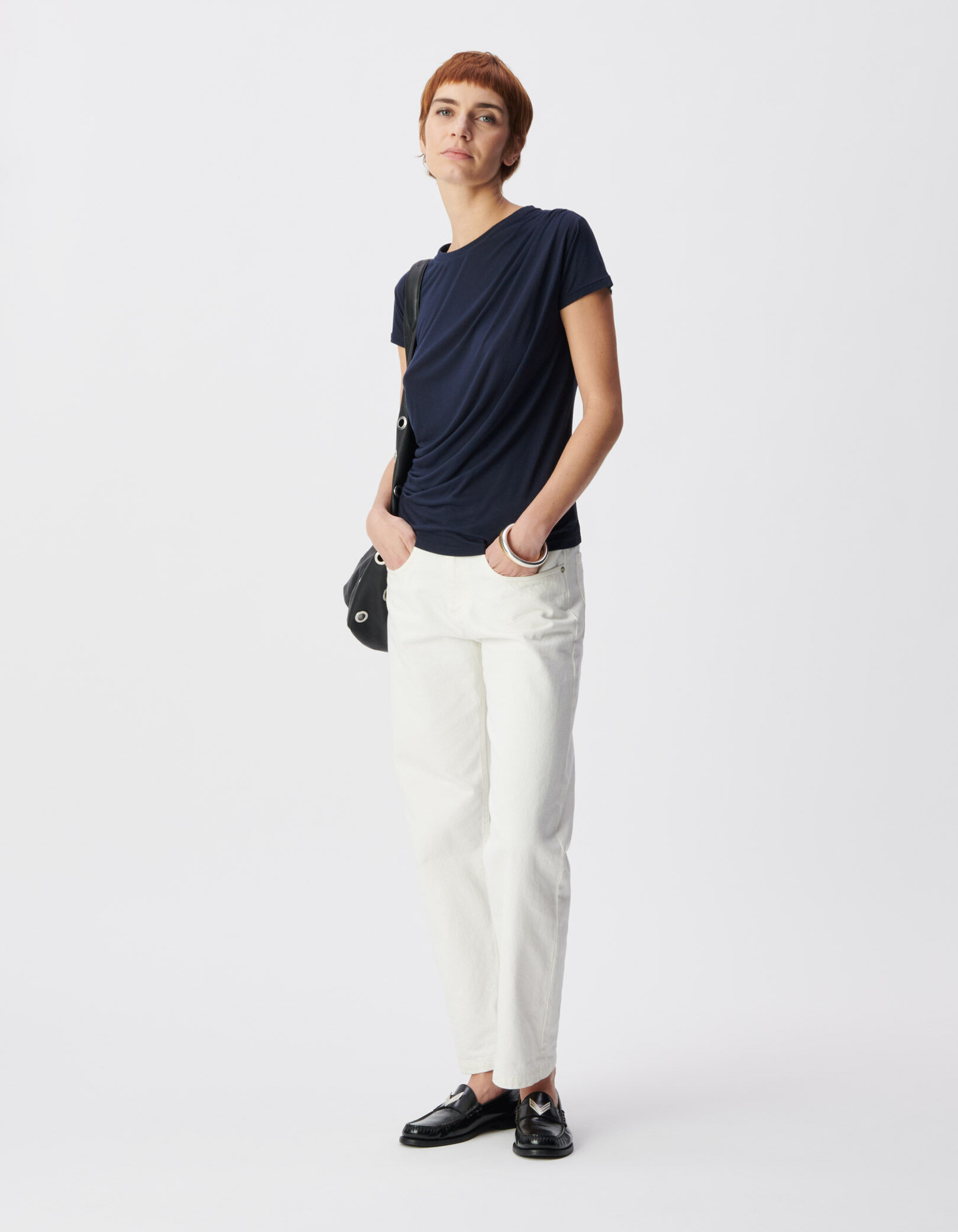 Tee-shirt manches courtes marine fronces côtés Femme