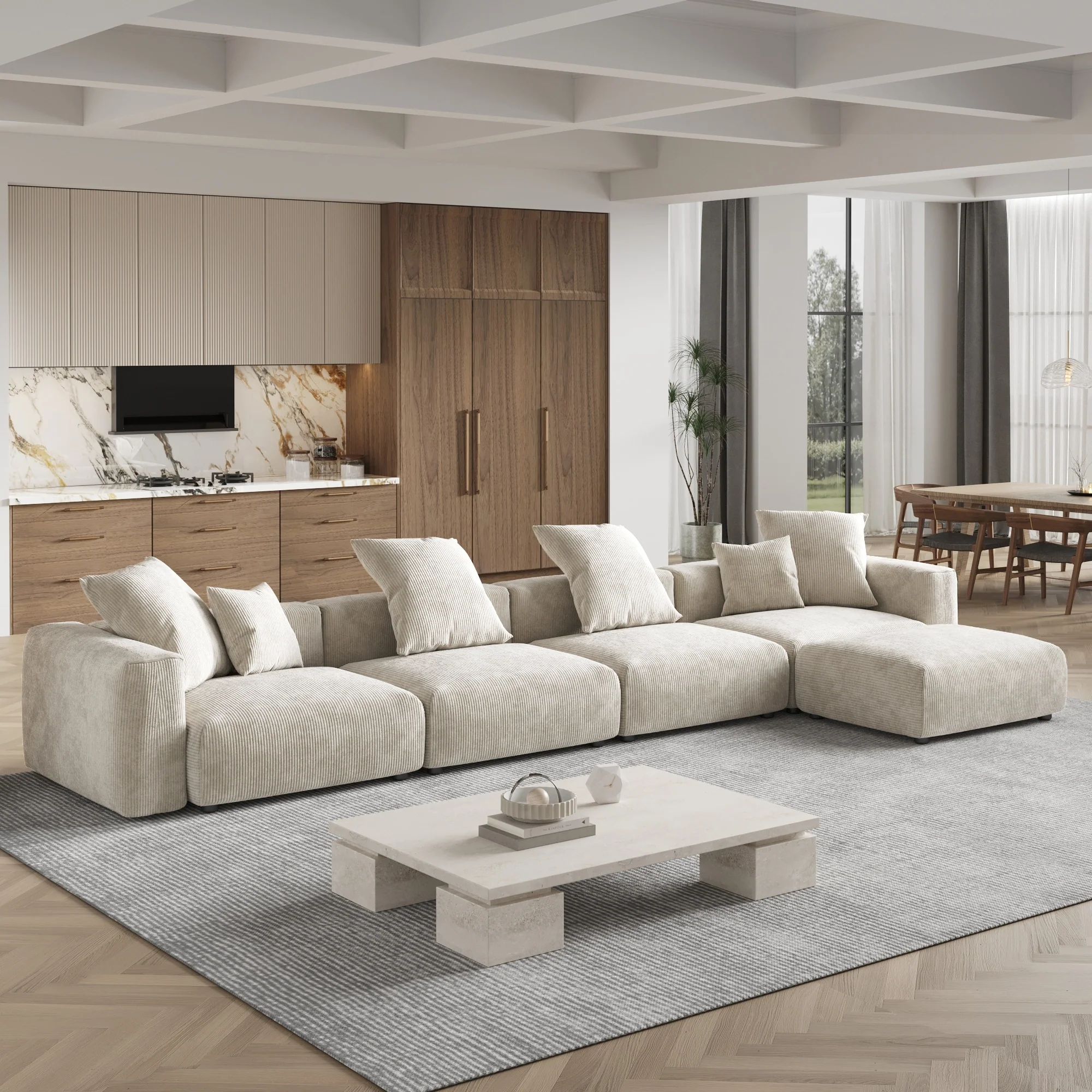 180'' Leathaire Upholstered Sofa Modular Sectional Sofa with Ottoman