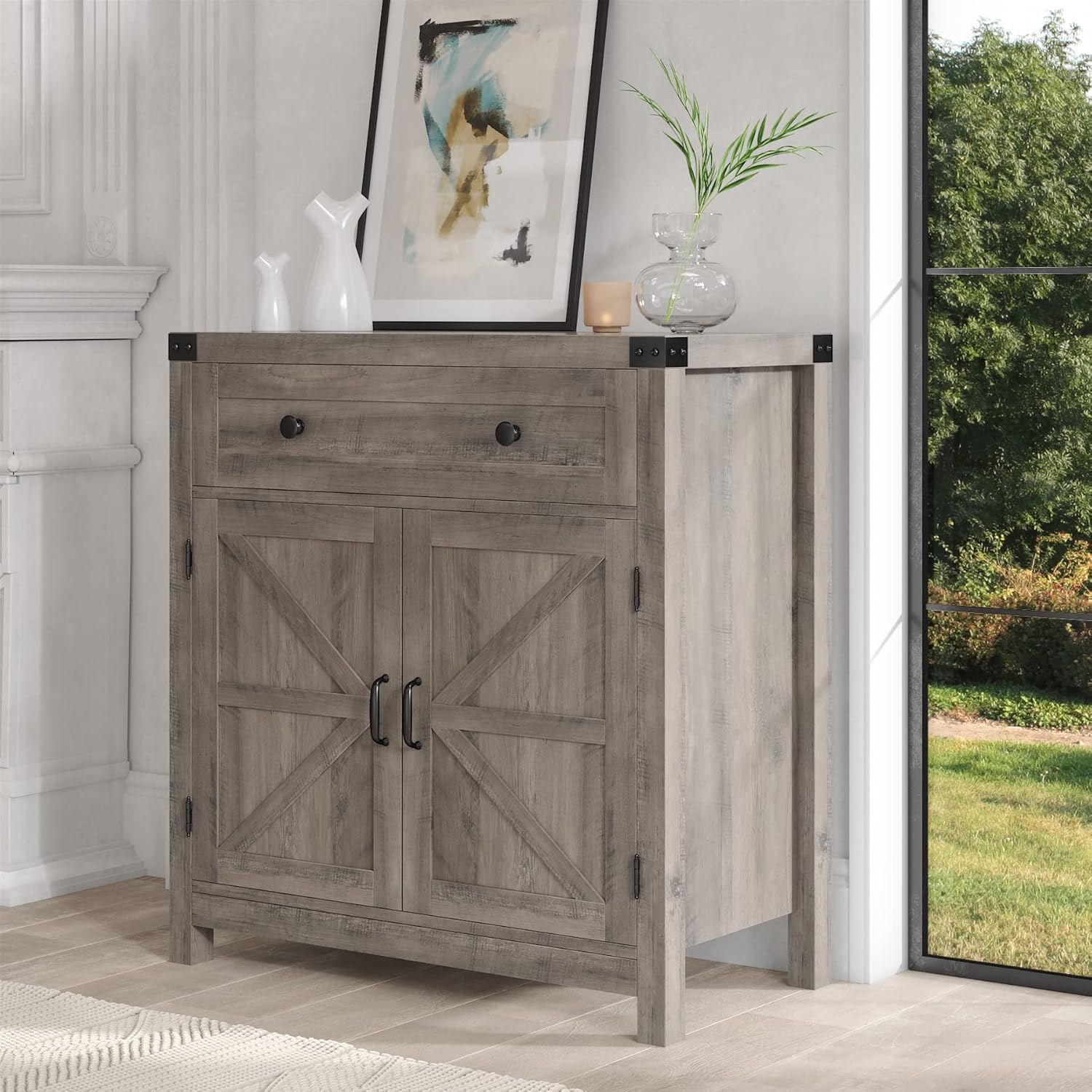 HOSTACK Coffee Bar Cabinet, Kitchen Storage Cabinet, Modern Farmhouse Buffet Sideboard with Drawer and Adjustable Shelf, Barn Door Accent Cabinets for Kitchen, Dining Room, Entryway, Ash Grey