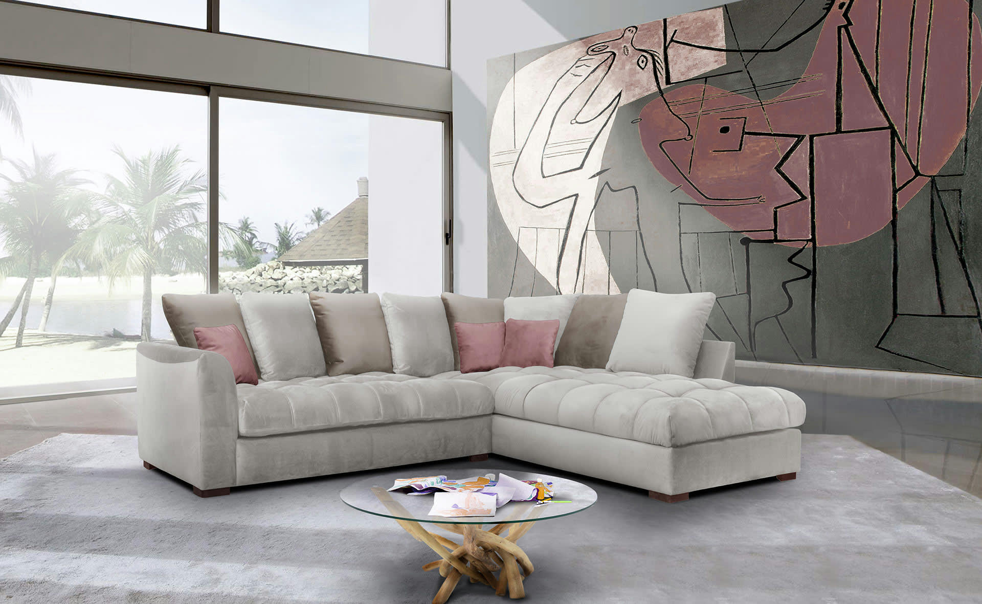 BARDI - Canapé d'angle droit 5 places tissu gris clair