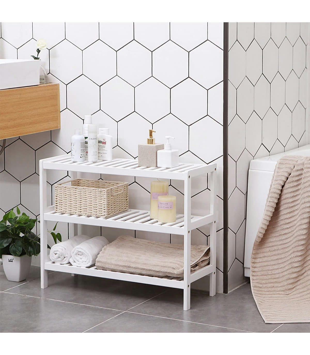 - Étagère à Chaussures 3 Niveaux en Bambou Blanc - L70 cm