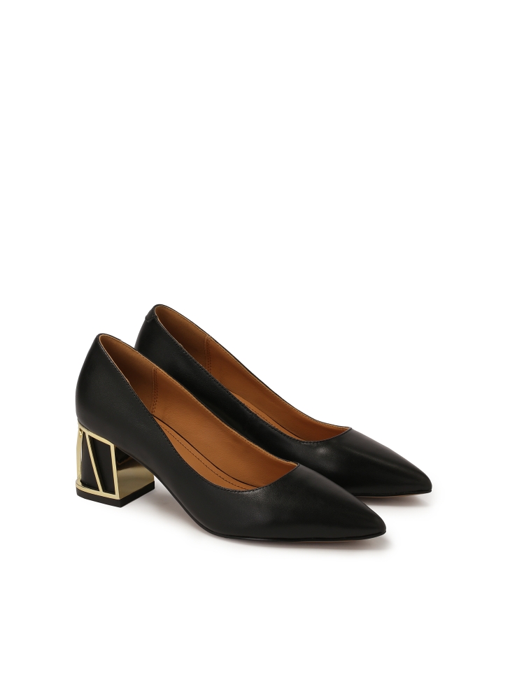 Black leather pumps with gold embellishment on the heel