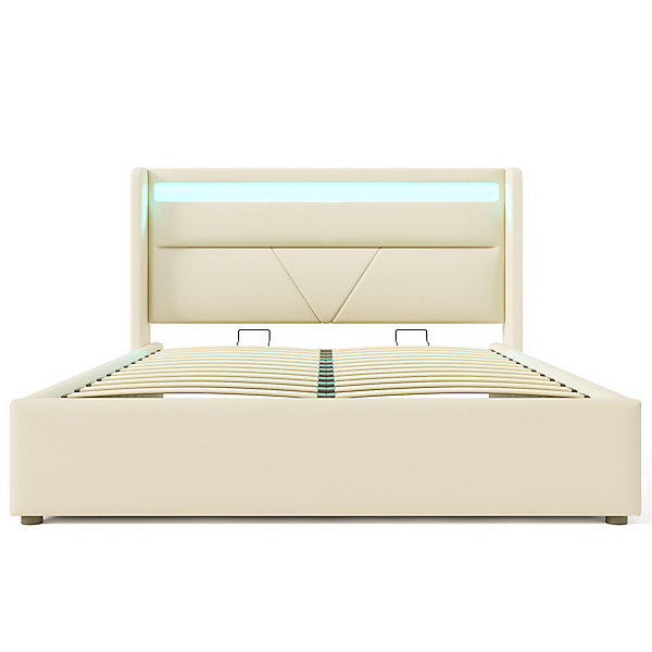 Lit adulte lit 160x200 cm lit rembourré hydraulique lit de rangement lit barre d'éclairage led lit double pu blanc