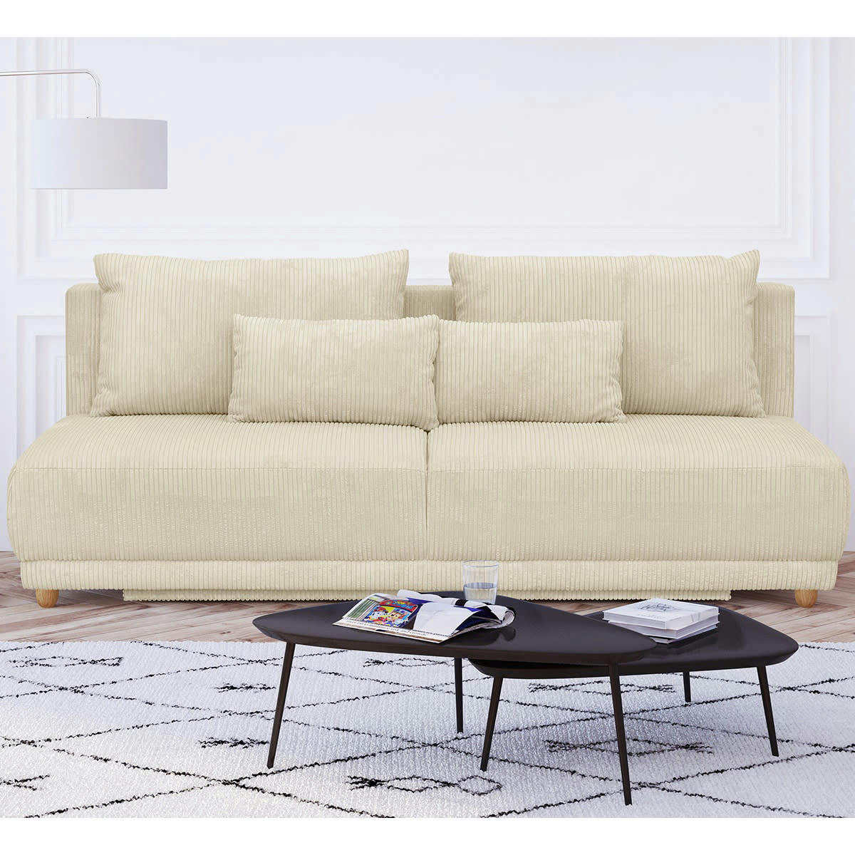 ELIA - Canapé convertible 3 places avec coffre en velours côtelé beige