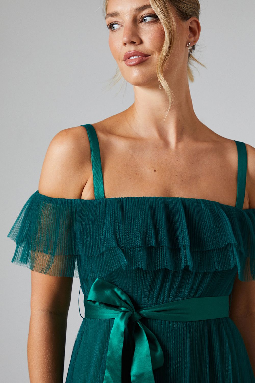 Oasis Pleated Mesh Tiered Skirt Bridesmaid Dress With Satin Belt