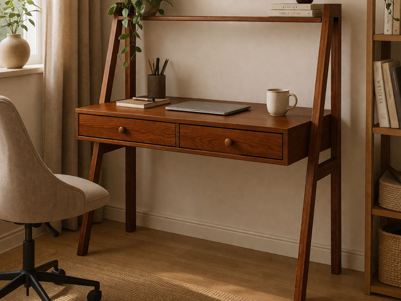 Biurko Shelf drewniane z półką, kolor kasztan