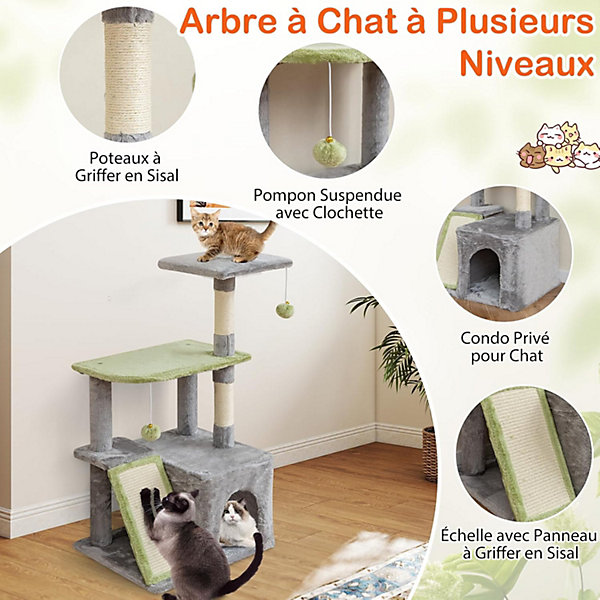 3PCS Arbre a Chat,Niche pour Chat à 3 Niveaux Hauteur 94 CM,avec Condo,Poteau en Sisal,Boule Suspendue,avec Surface en Peluche
