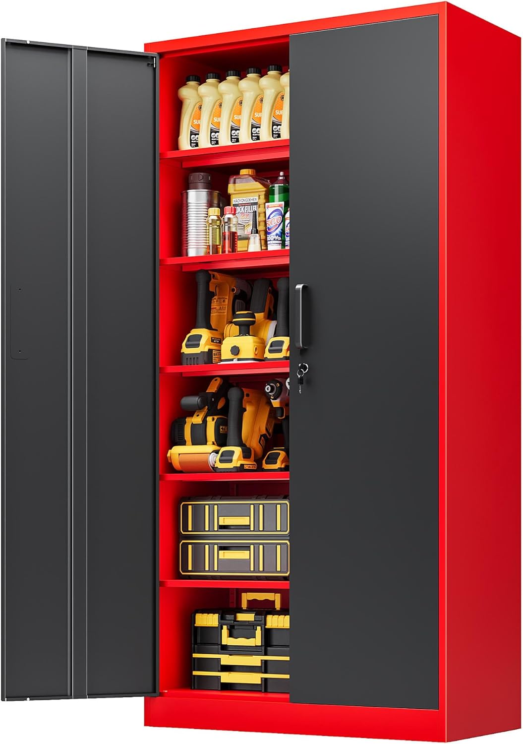 Metal Storage Cabinet with Lock,71 Inch Garage Cabinet with 2 Doors and 5 Adjustable Shelves,Steel Storage Cabinets for Garage,Home Office,Pantry,School(Red & Black)