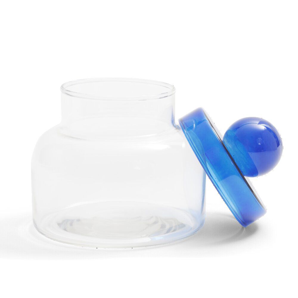 BoÎte en verre transparent   couvercle bleu Ø12xH16cm