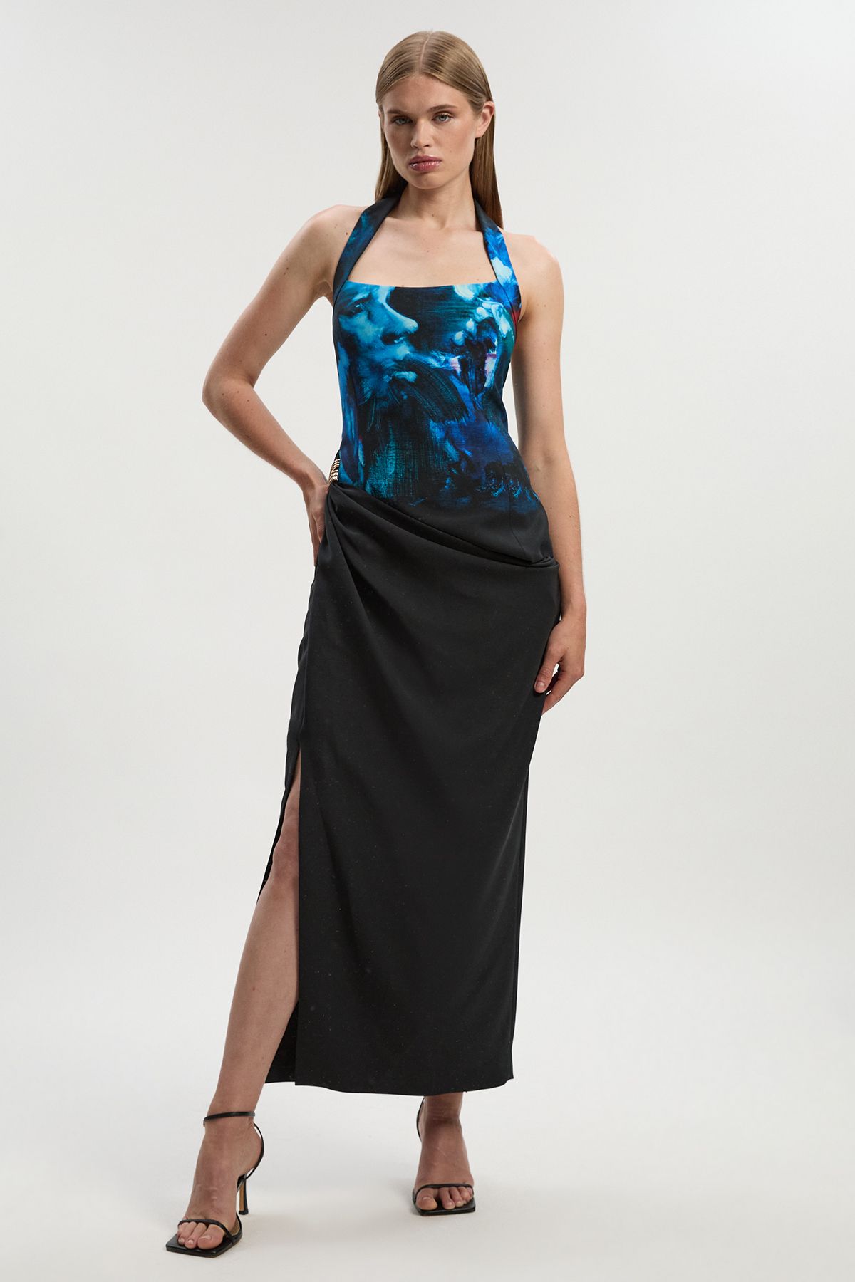 KarenMillen Lily Macrae Polished Tailored Print Halter Neck Gathered Midi Dress
