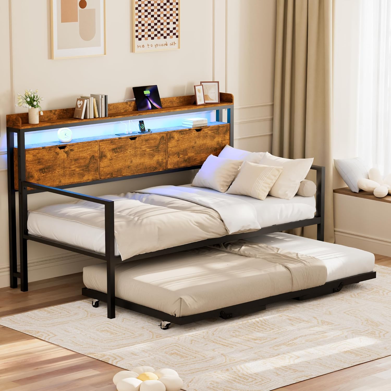 Betterhood Daybed with Trundle, Twin to King Bed Daybed Trundle Bed, Heavy Duty Metal Bed Frame with Storage Headboard & Charging Station, Day Bed Frame for Living Room Bedroom Guest Room (Daybed)