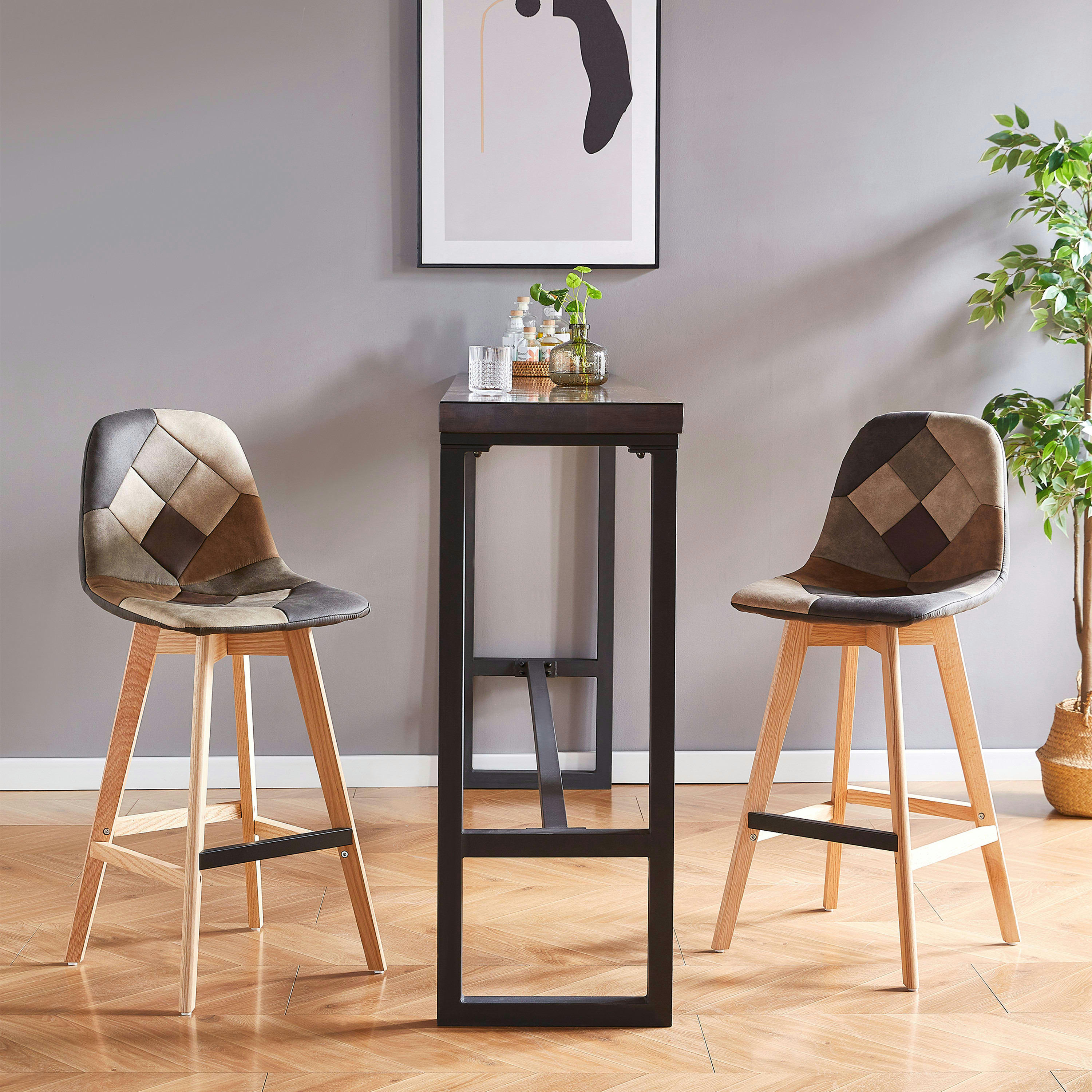 OWEN OAK - Tabouret de bar patchwork vintage pieds chêne(x2)