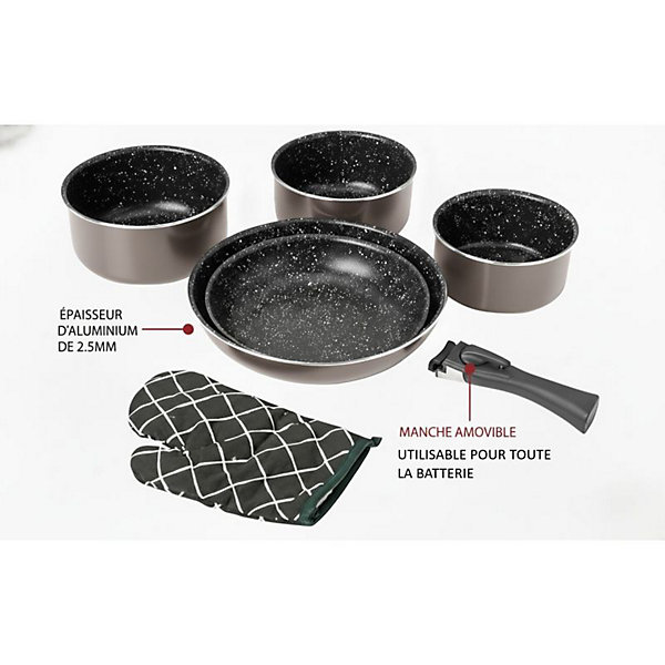 Batterie de cuisine revêtement pierre avec manche amovible 7 pièces carbonne Herzberg HG8053-CAR